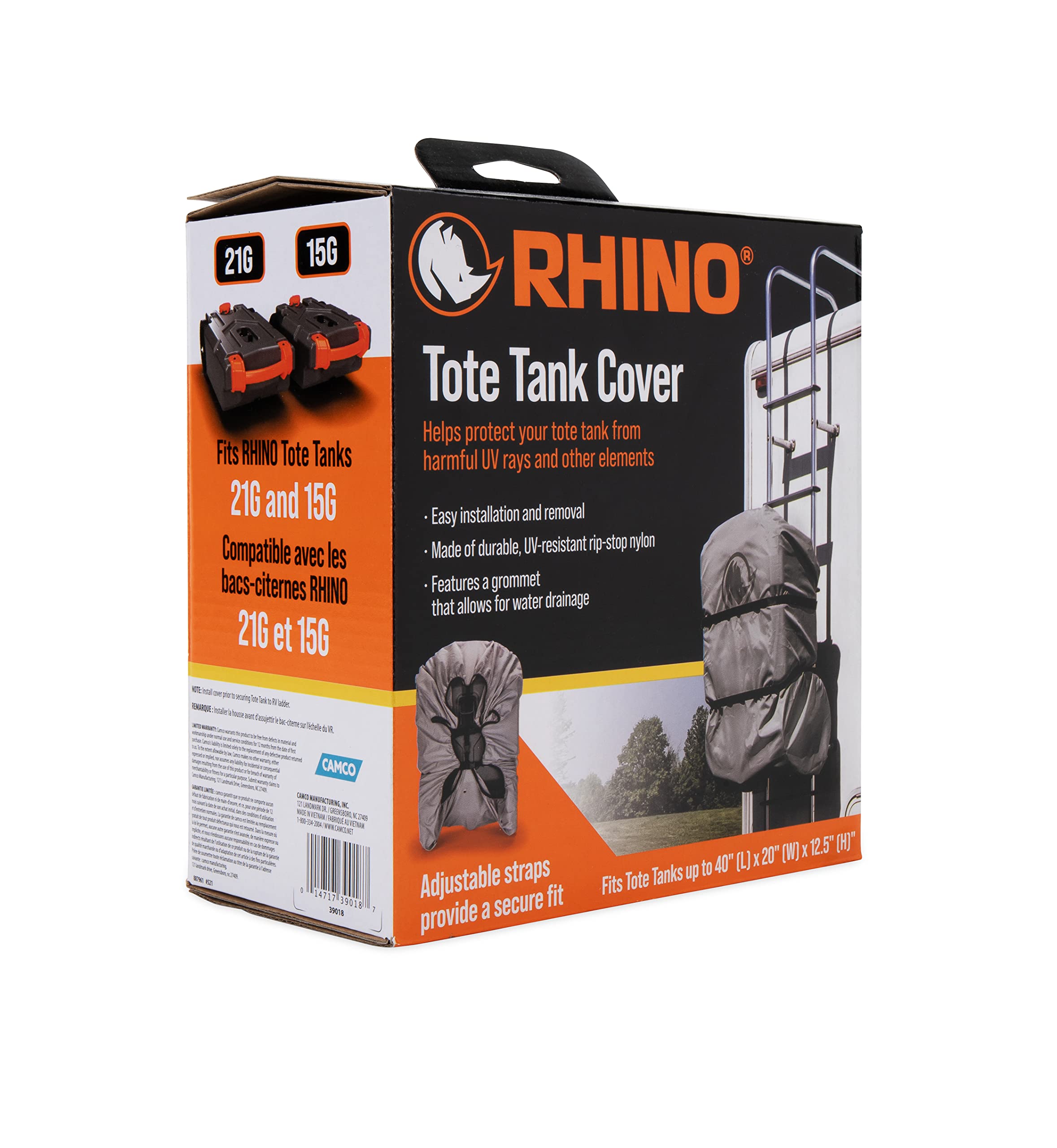 Rhino Camco RV Tote Tank Cover - Fits Tote Tanks Up to 40" (L) x 20" (W) x 12.5" (H) - Compatible w/15 & 21-Gallon Tote Tanks (39000 & 39002) - Gray, Nylon (39018)