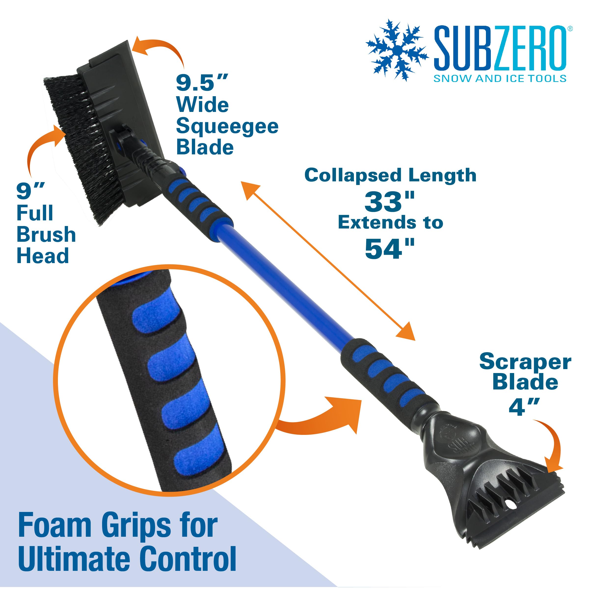 Avalanche Snowbroom SubZero 14015 54" for Truck, Car with Pivoting Brush Head and Squeegee