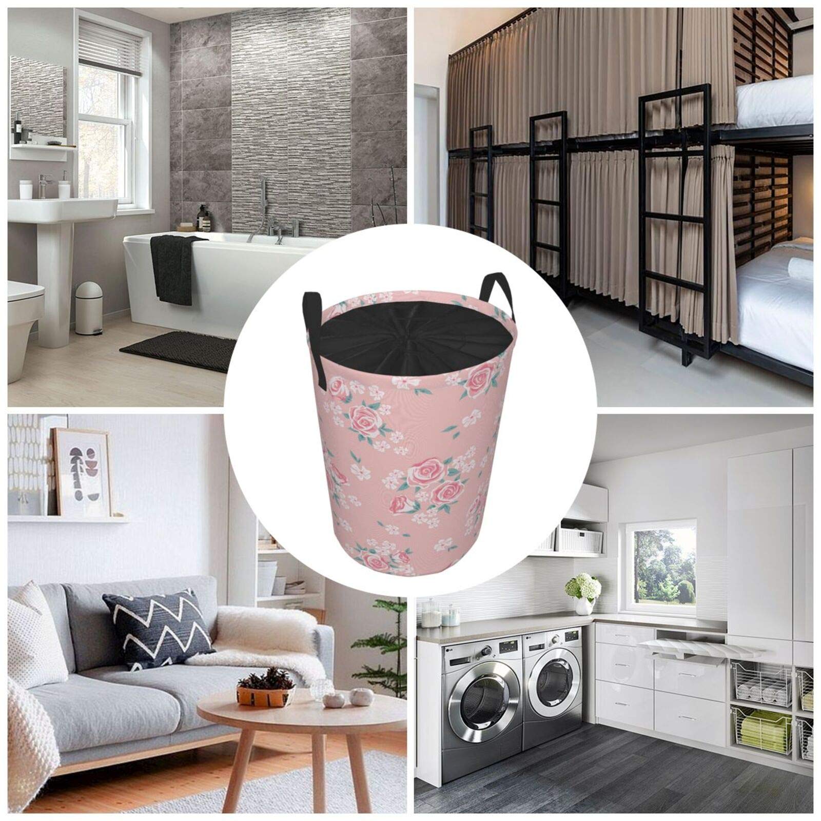 Romantic Shabby Chic Style Large Storage Baskets Inspired Flowers With Little Roses Lilacs Artwork1,Drawstring Waterproof Round Collapsible Laundry Hamper for Dirty Clothes Toy Home Office 19"X14"