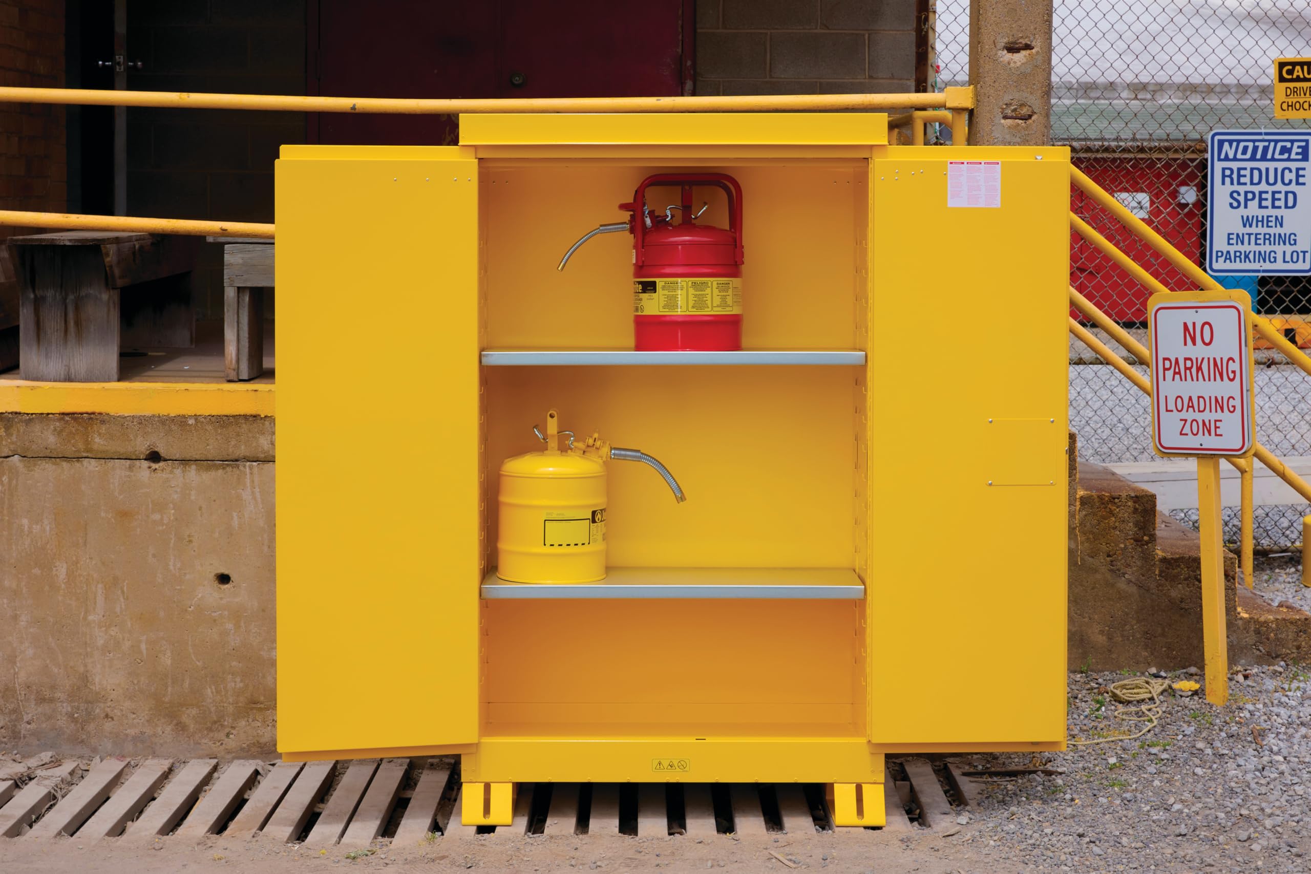 Justrite Outdoor Reinforced Steel Flammable Liquid Storage Cabinet, 2 Shelves with 350 lb. Capacity, 2 Manual-Close Door Fire Cabinet, 30 Gallon, 44"x 43"x 18", Made in The USA, Yellow, 813000