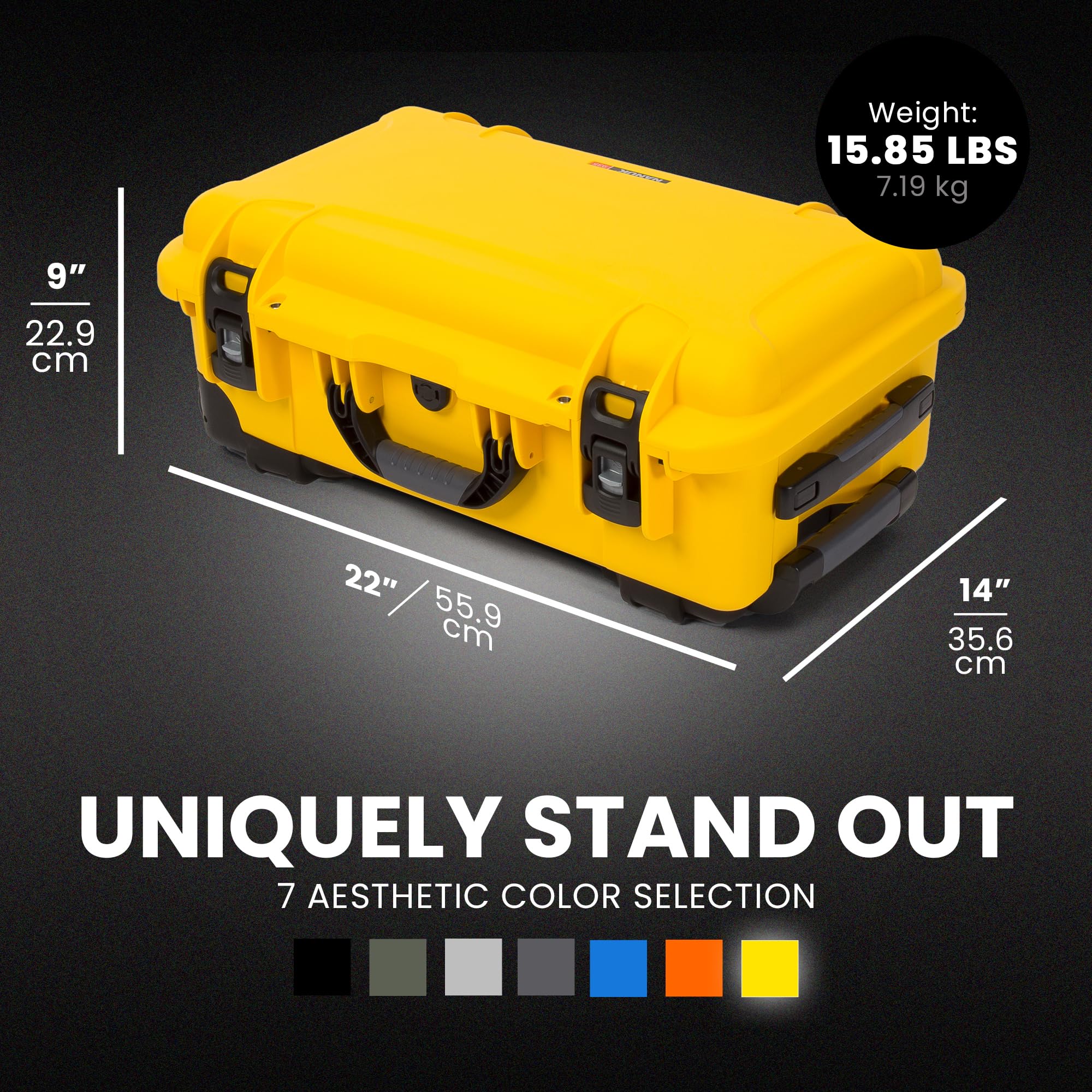 NANUK Hard Case 935 with Padded Divider – Waterproof Equipment Case with Wheels, 22” x 14” x 9” – Dustproof and Impact Resistant, Airline Carry-On Approved – Yellow
