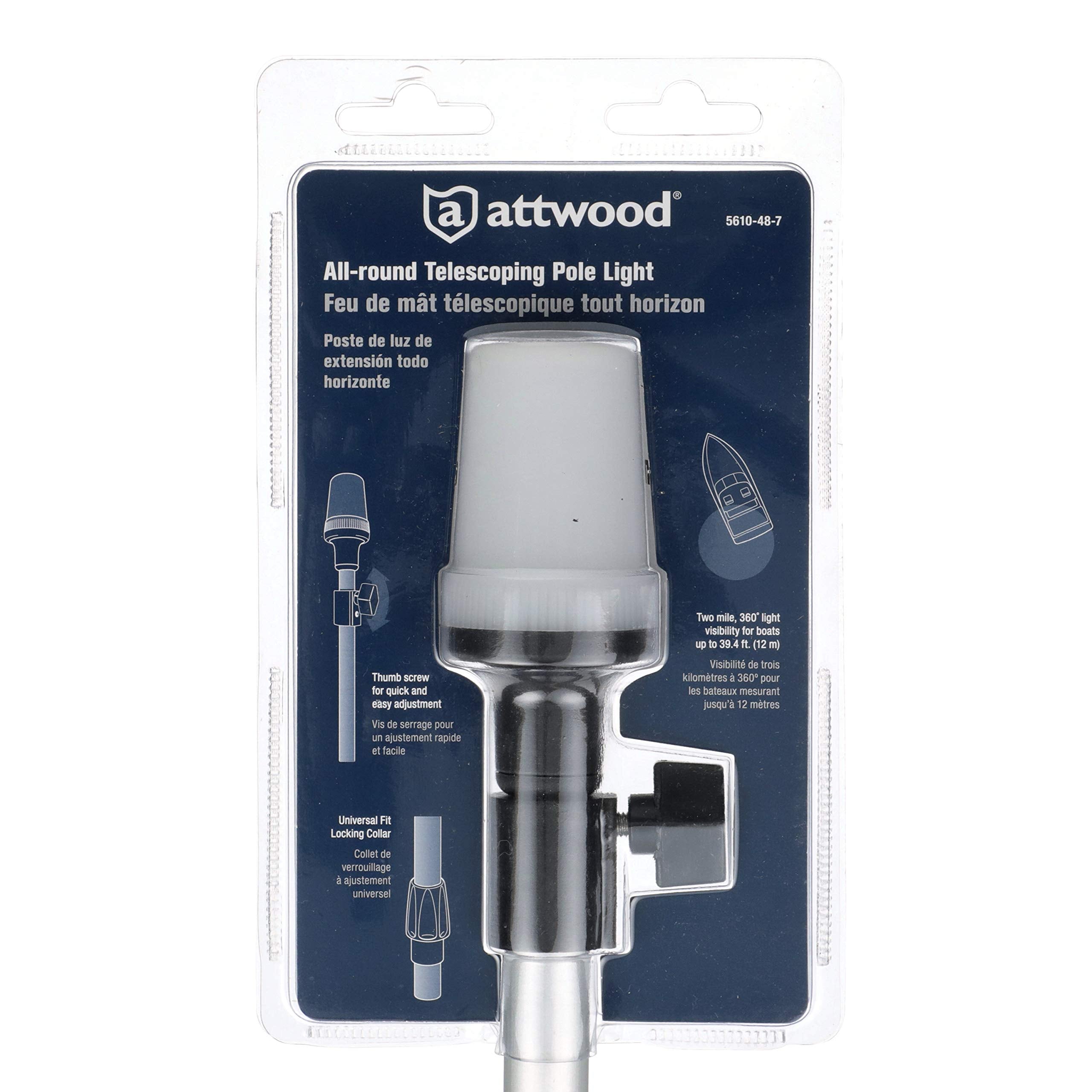 Telescoping Pole Light attwood 5610-48-7, All-Around Light, Height-Adjustable 26-42 inches, 2 Mile 360-Degree Visibility, One Size