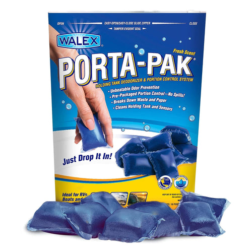 Walex Black Porta-Pak Holding Tank Deodorizer & Portion Control System Drop-Ins - Rapid Breakdown of Waste & Paper, Odor Prevention, Cleans Tank & Sensors - Fresh Scent, 10-Pack