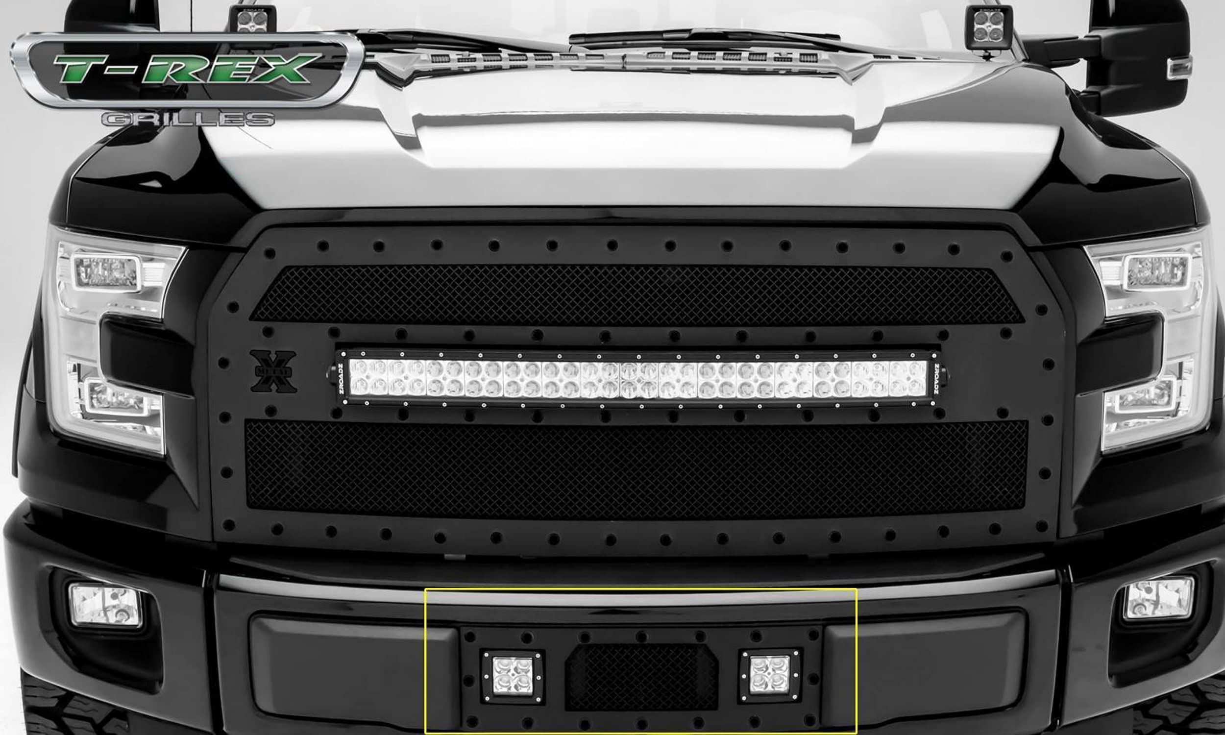 2015-2017 F-150 T-Rex Grilles Stealth Torch Bumper Grille, Black, 1 Pc, Insert, Black Studs with (2) 3" LED Cube Lights - PN #6325731-BR