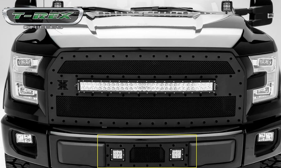 2015-2017 F-150 T-Rex Grilles Stealth Torch Bumper Grille, Black, 1 Pc, Insert, Black Studs with (2) 3" LED Cube Lights - PN #6325731-BR