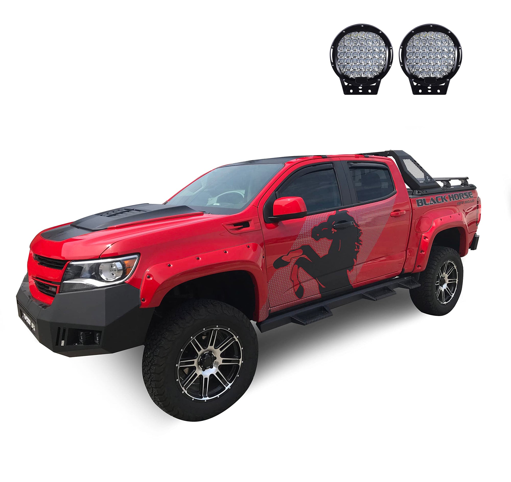Vigor Black Horse Roll Bar W/Cross Bar Incl.Set of 9" Black Round LED Light Modular Black Compatible with 2015-2022 Chevrolet Colorado|2015-2022 GMC Canyon-VRCB6405B-PL69B