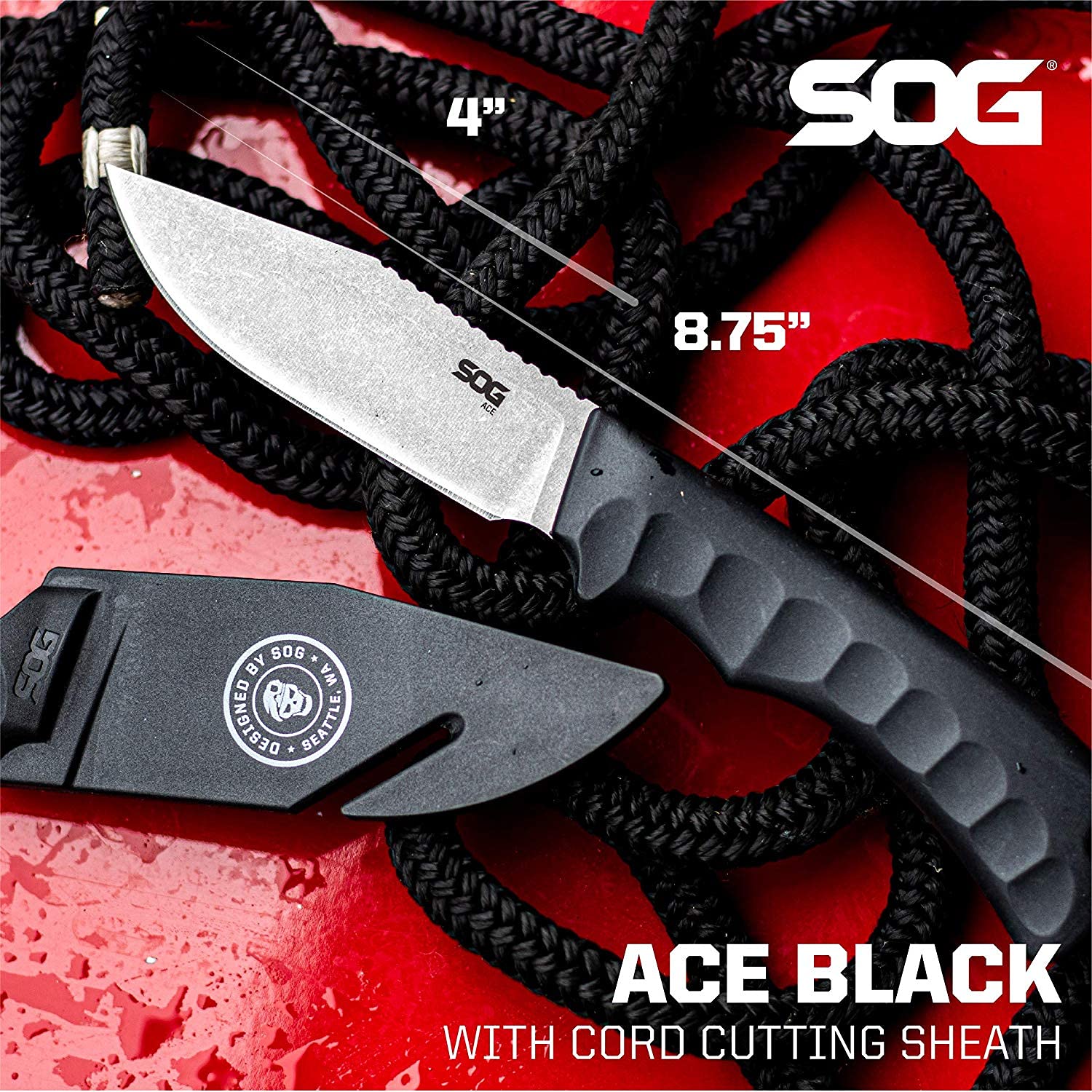 SOG Fixed Blade Ace Knife- Full Tang 3.8 Inch Clip Point Blade Survival Knife w/ Cord Cutting Sheath and Easy-Grip Handle (ACE1001-CP), Black