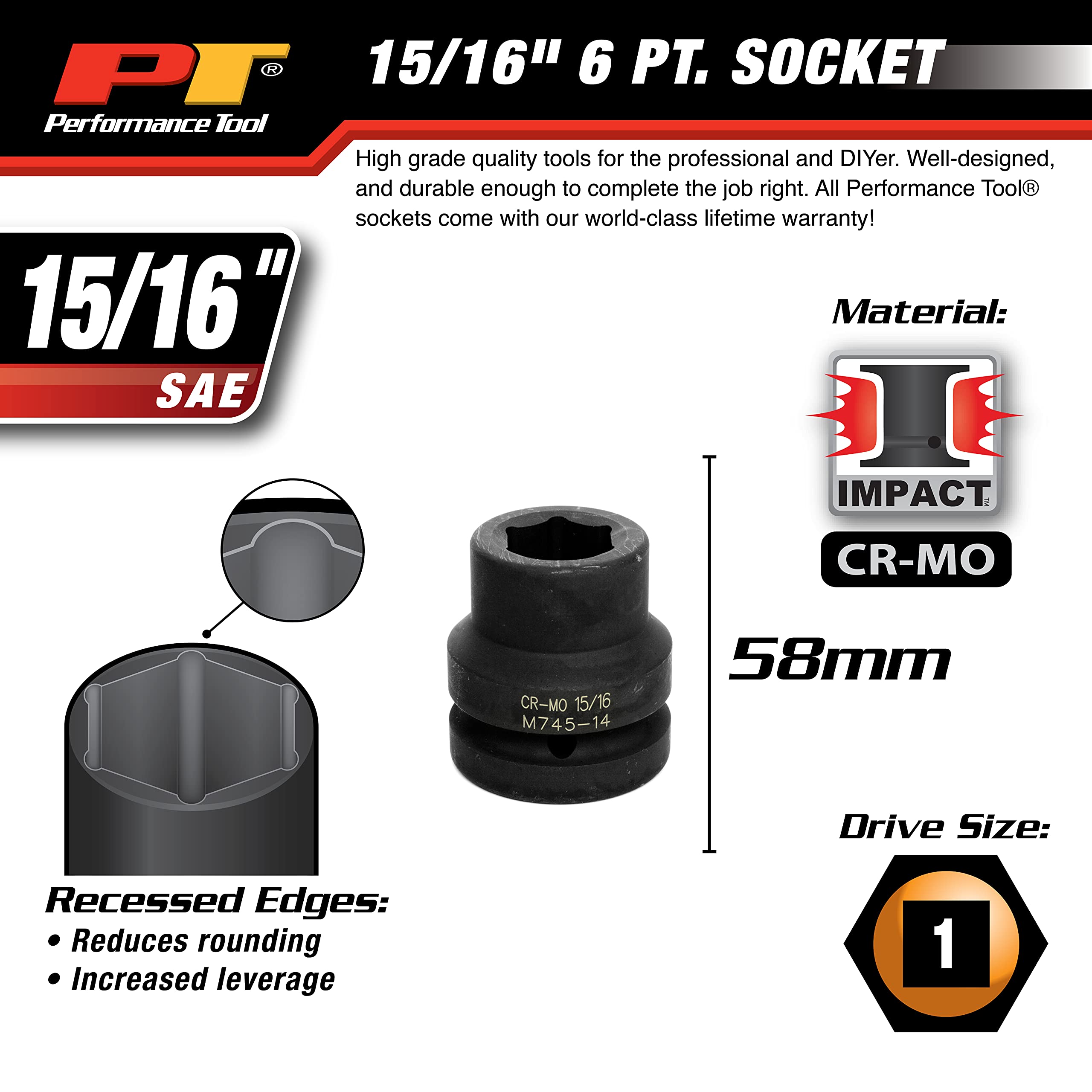 M745-14 Performance Tool 1-Inch Drive 15/16-Inch Impact Socket for Heavy-Duty Automotive Repair and Maintenance Tasks