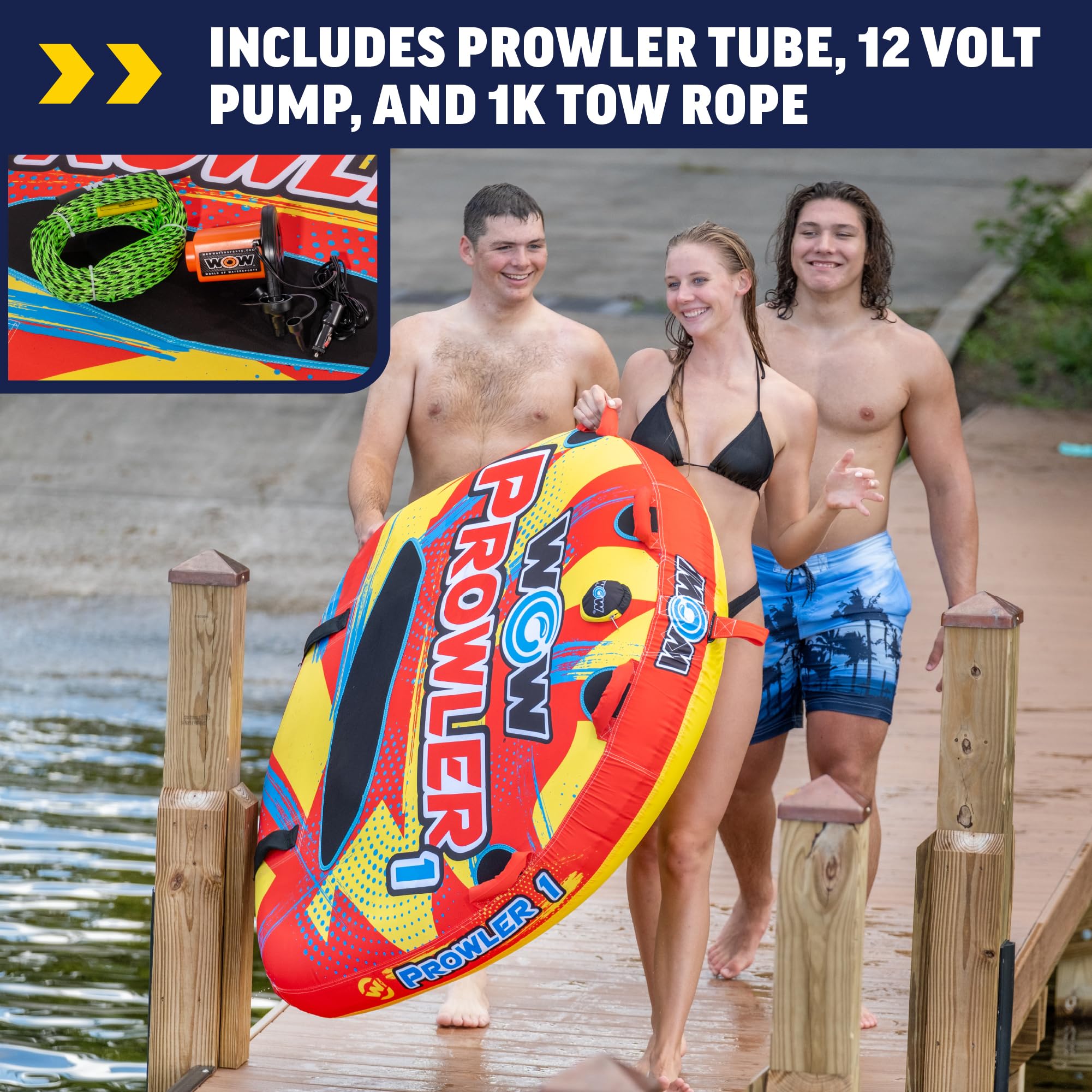 Prowler WOW Sports Starter Kit, 1 Person Boating Tube, 12v High Speed Air Pump, & 1K Tow Rope