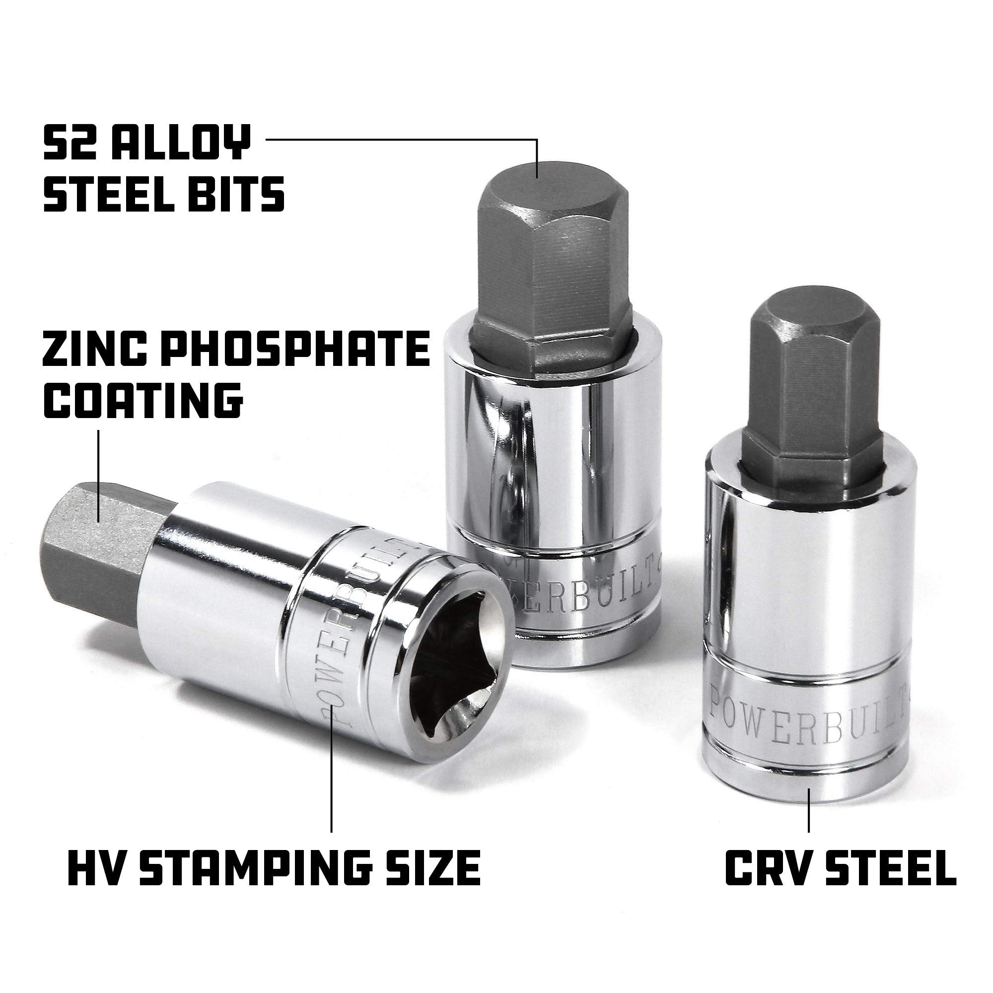 3 Piece Powerbuilt 1/2-Inch Drive SAE Hex Bit Socket Set – 1/2", 9/16", 5/8" – S2 Steel Bits & Chrome Vanadium Sockets with Storage Rail – Corrosion Resistant, Precision Machined – 641863