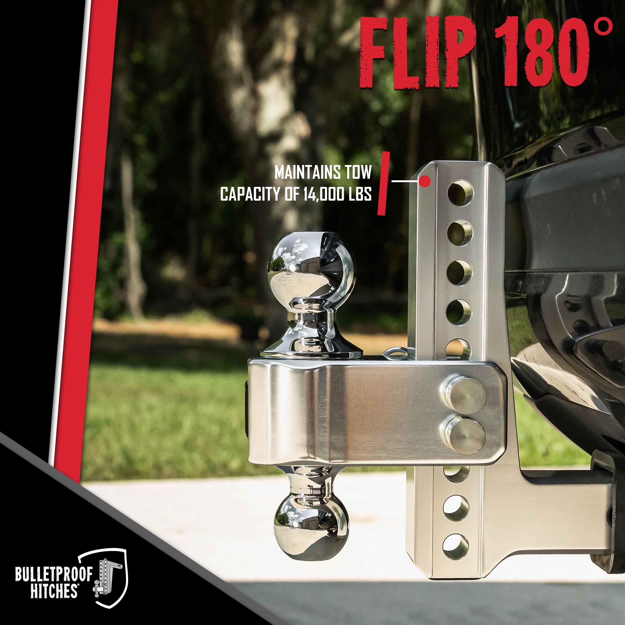 2.5" Aluminum BulletProof Hitches - Trailer Hitch (14,000 lb. Rating) - Adjustable Hitch with 6" Drop/Rise and 2" & 2-5/16" Dual Ball - Corrosion-Resistant Tow Hitch
