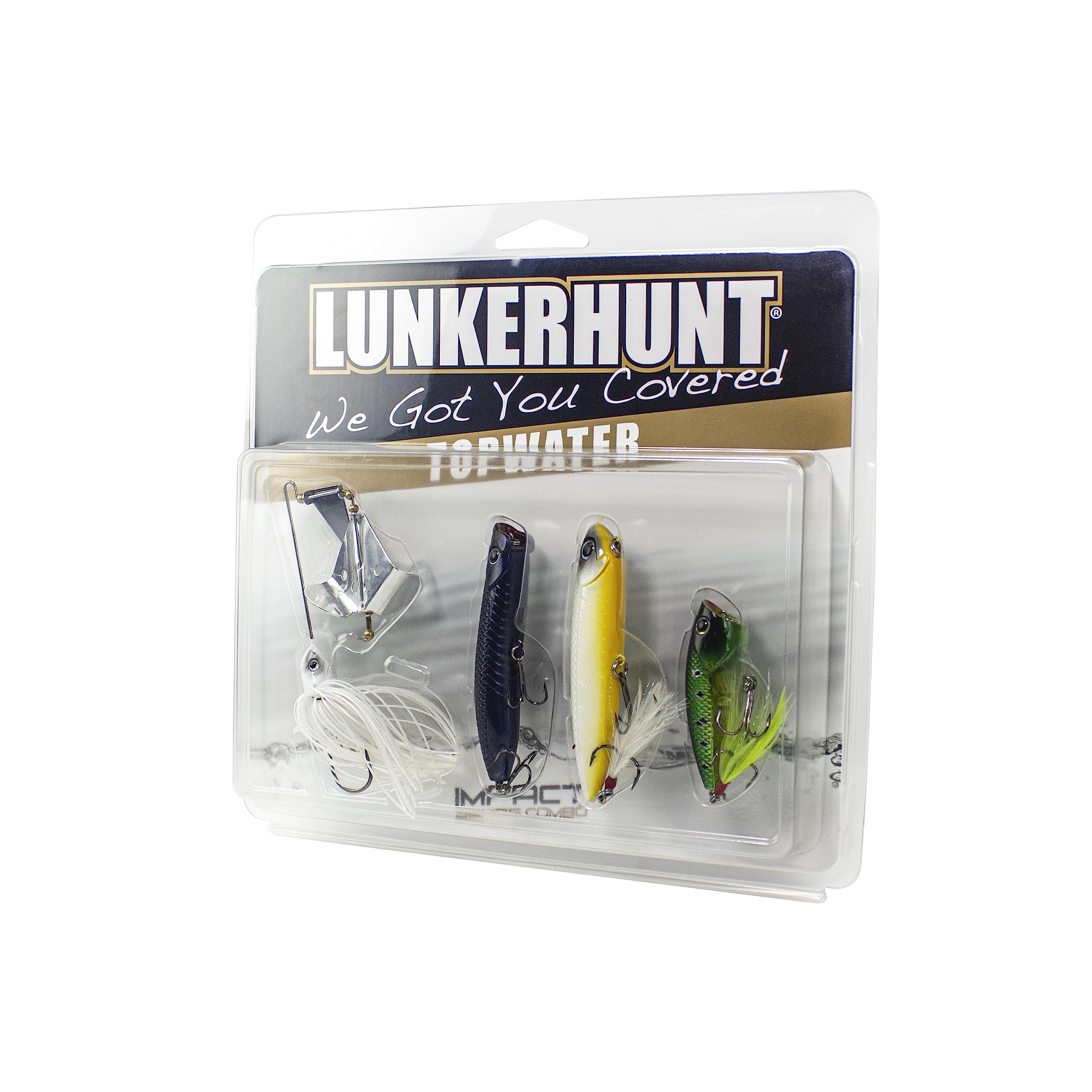 Top Water Fishing Lures Kit LUNKERHUNT | (4-Pack | Impact Series Fishing Baits for Bass, Trout, Pike Includes: Spinnerbait, Hard Bait, Popper
