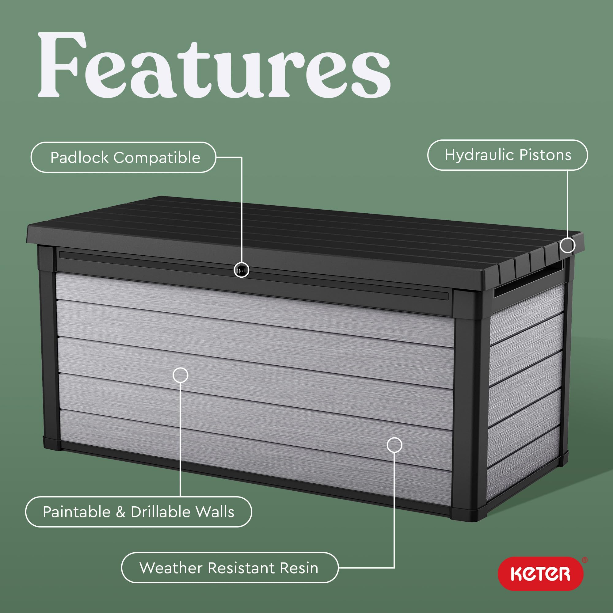 Keter 150 Gallon Denali Resin Large Deck Box with Double Wall 20mm Panels - Paintable and Drillable-Organization and Storage for Patio Furniture and Outdoor Items, Grey & Black