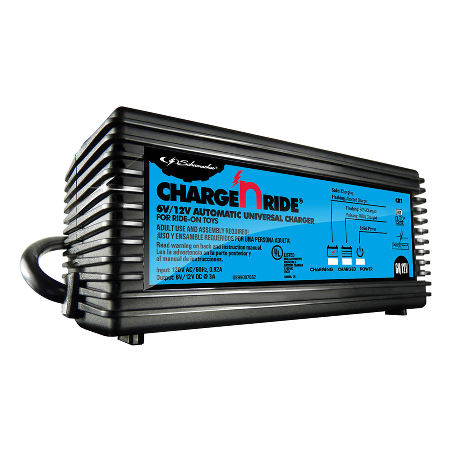 Schumacher Electric Universal Charge 'n Ride Battery Charger and Maintainer for Ride-on Toys, CR1, 2-in-1, Fully Automatic, 3 Amps, 6 Volt, 12 Volt, Use with MotionTrendz, Power Wheels, and Peg Pergo
