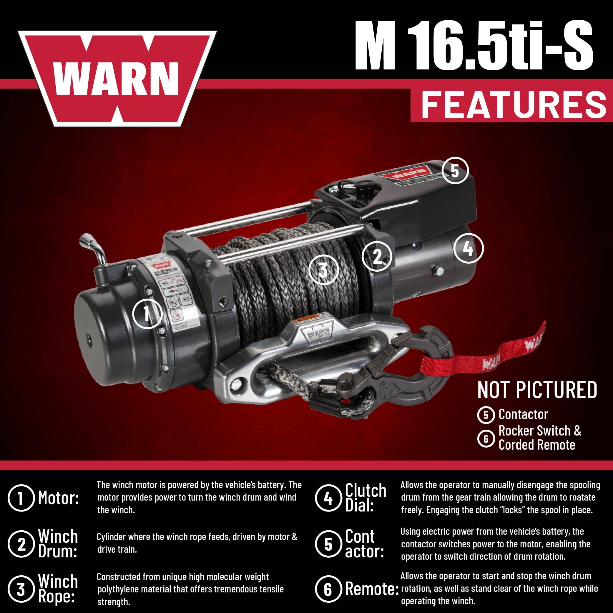 16.5ti-S WARN Heavyweight Winch – 16,500 lb Pulling Capacity, Synthetic Rope, Advanced Sealed Motor, Waterproof Design, All-Metal Gear Train for Off-Road Recovery & Industrial Use