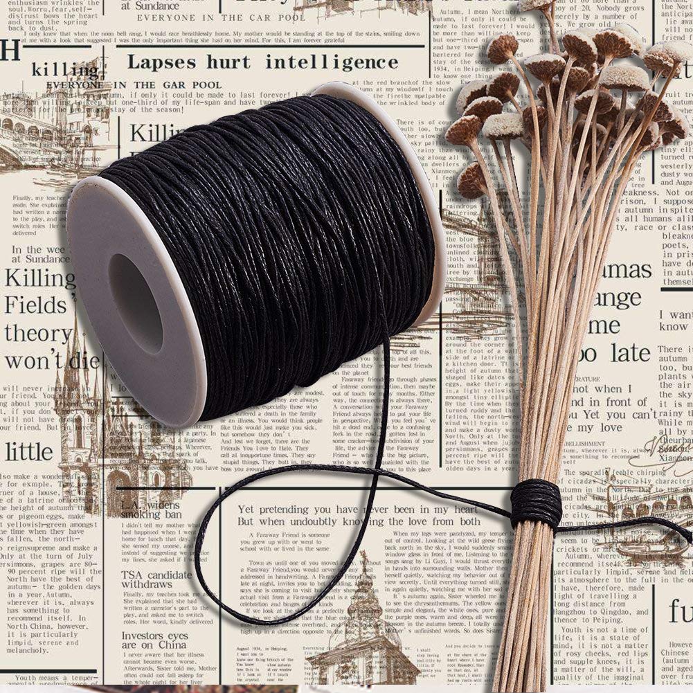 JEWELEADER Round Waxed Cotton Cord About 100 Yards 1mm Macrame Craft DIY Thread Rattail Beading String for Jewelry Making Chinese Knotting Kumihimo Shamballa Friendship Bracelets - Black