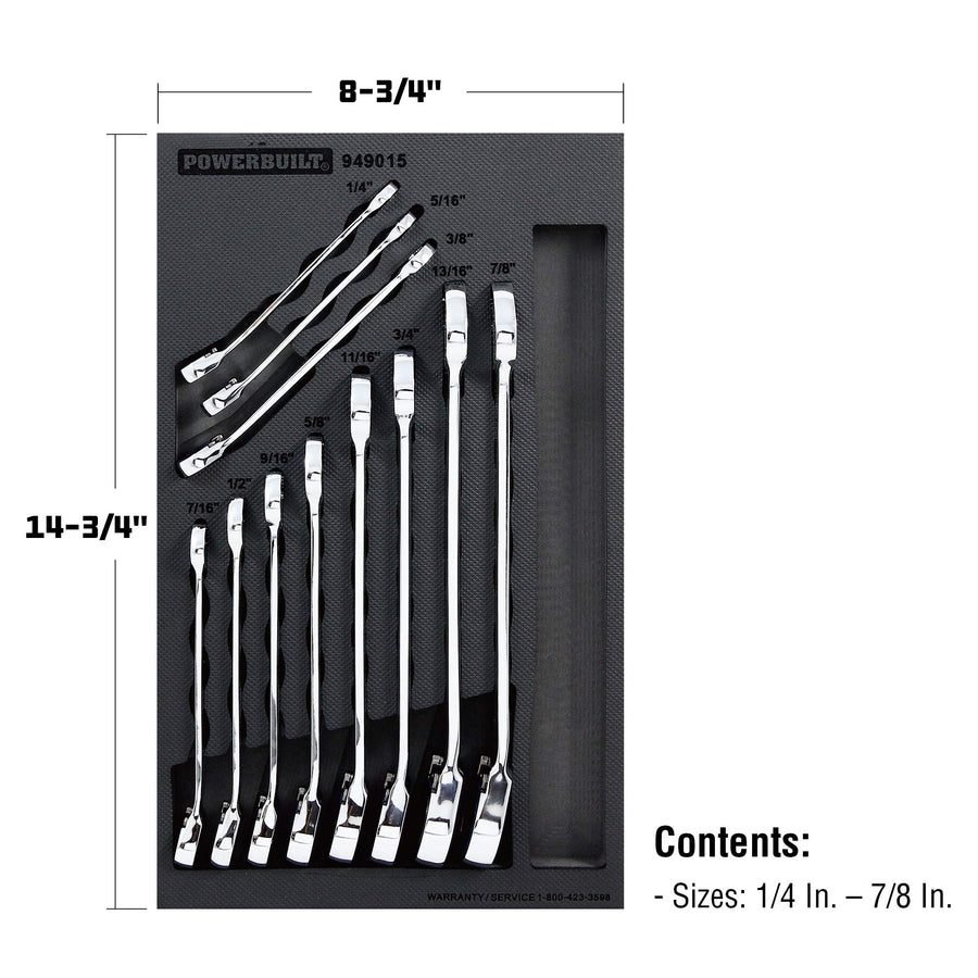 Powerbuilt Reversible SAE Ratcheting Wrench Set, 11 Piece, 72 Tooth Switch Control, 5 Degree, Non-Slip Open End, Storage Tray - 949015