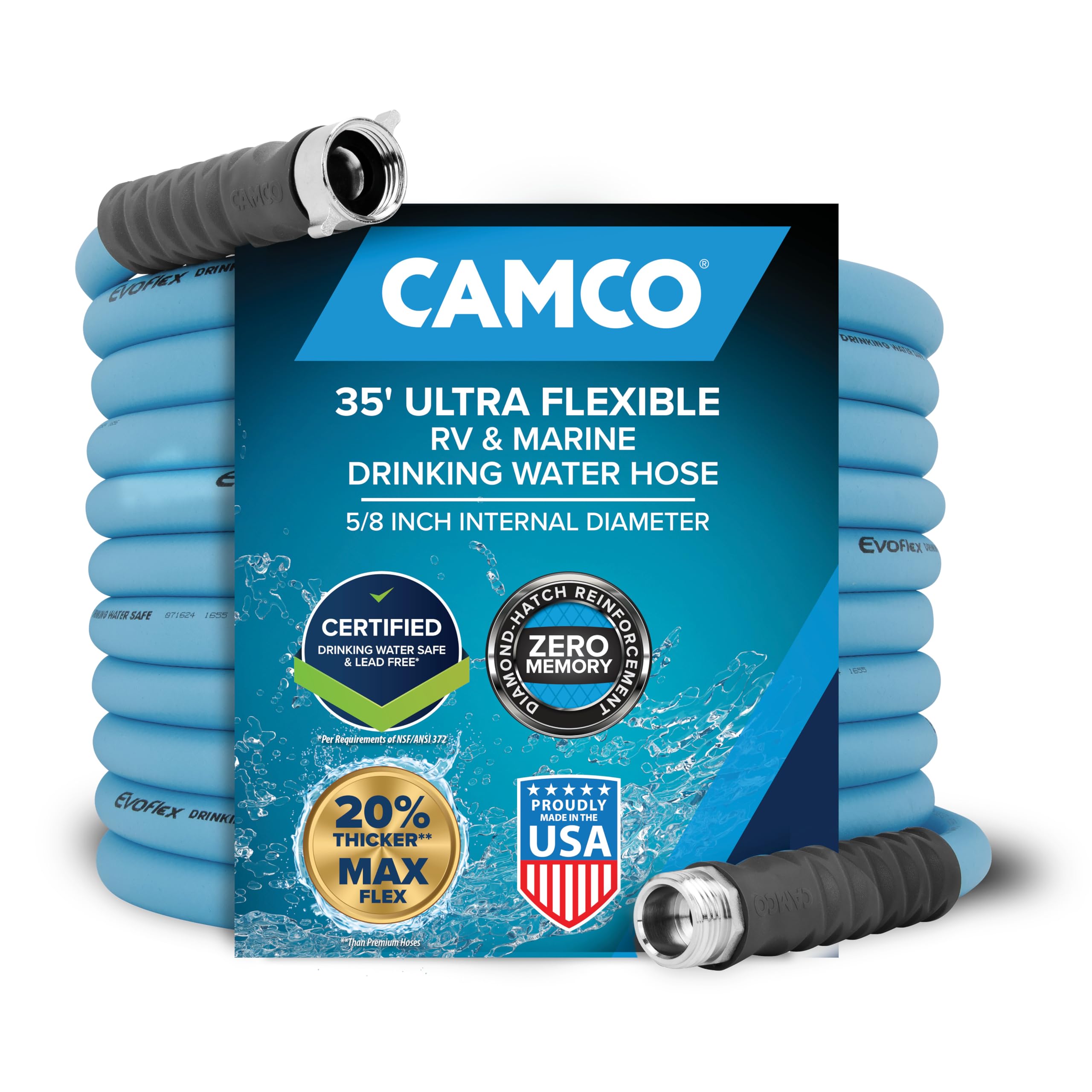 EVOFlex Camco 35-Ft RV Drinking Water Hose - Features Extra Flexible Design w/Stainless Steel Strain Relief Ends - Lead-Free, BPA-Free and Phthalate-Free - 5/8” Inside Diameter (22595)