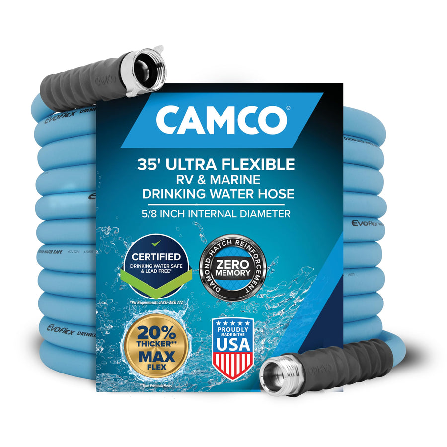 EVOFlex Camco 35-Ft RV Drinking Water Hose - Features Extra Flexible Design w/Stainless Steel Strain Relief Ends - Lead-Free, BPA-Free and Phthalate-Free - 5/8” Inside Diameter (22595)