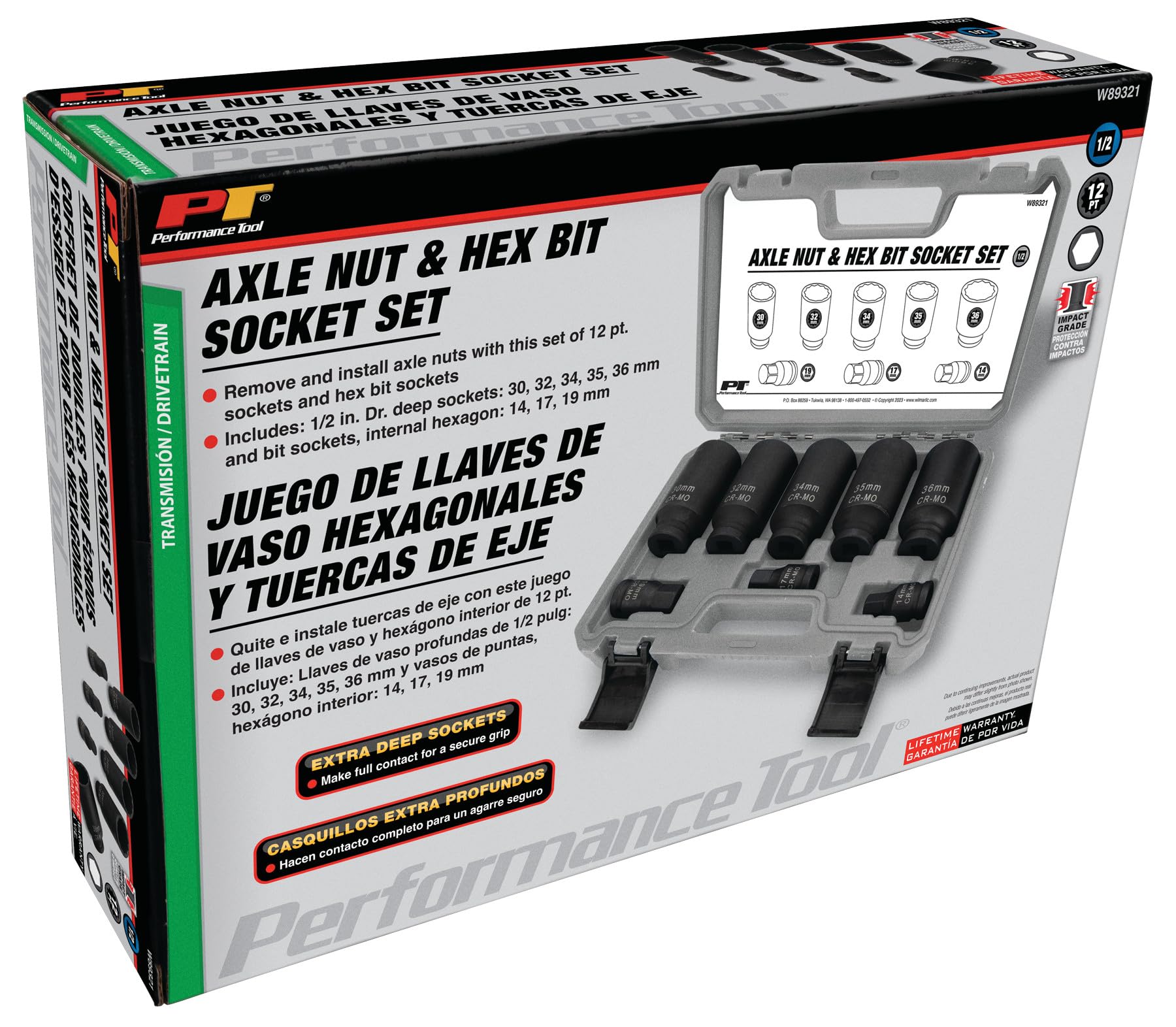 W89321 Performance Tool Axle Nut and Hex Bit Socket Set (8 Pieces) - Chrome Molybdenum Steel Construction, Extra-Deep Sockets for Secure Grip, Corrosion Protection, Fitted Storage Case - 1/2 in. Drive