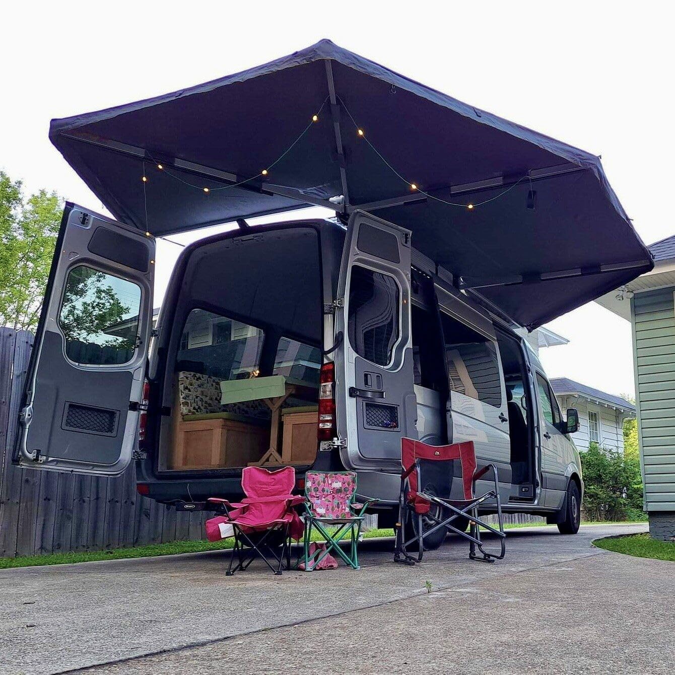 HD Nomadic 270 - Overland Vehicle Systems Awning W/Extended Poles High Roof, Grey Body, Green Trim & Black Travel Cover