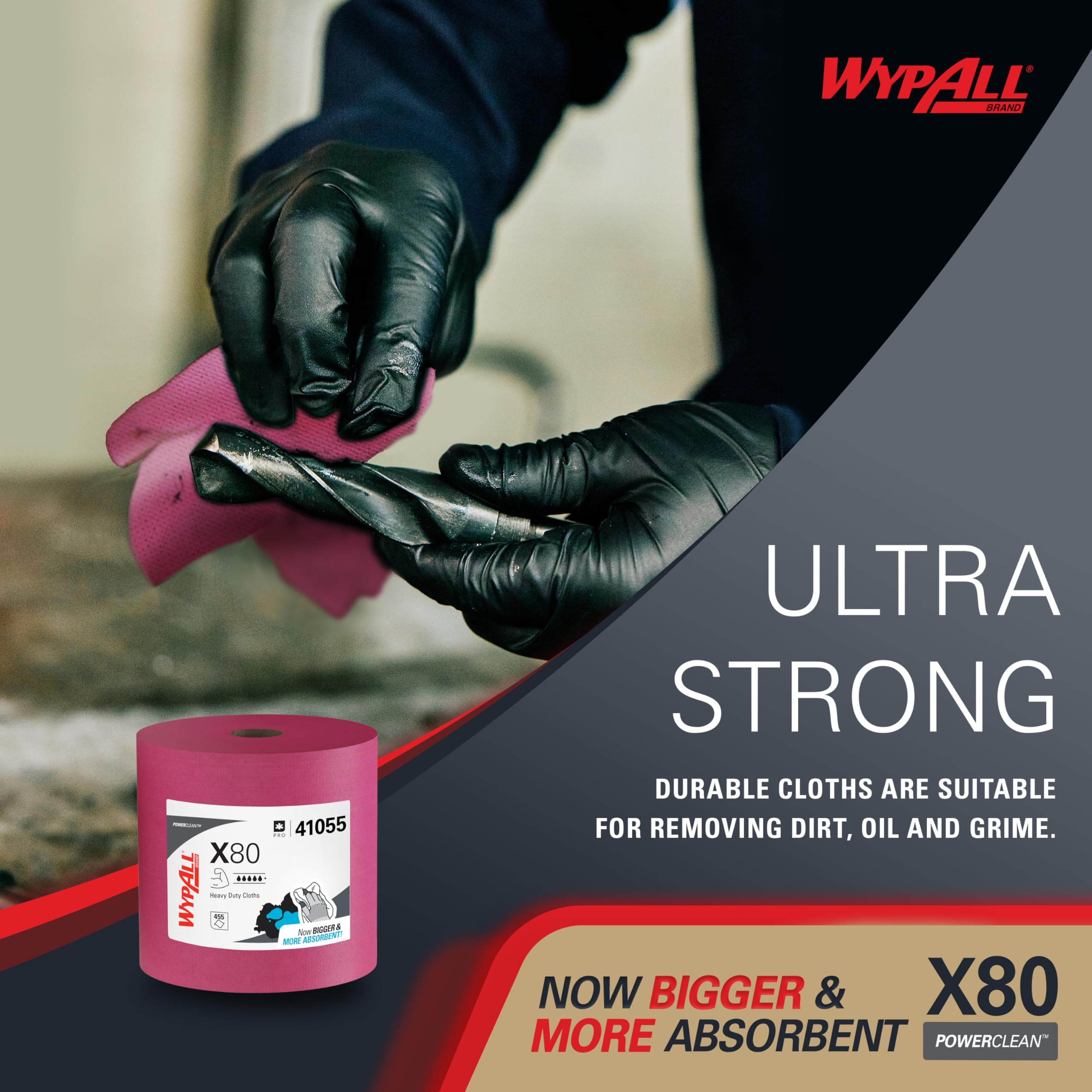 WypAll X80 PowerClean Cloths Heavy Duty Wipes (41055), Jumbo, Extended Use Towels, Red (1 Roll of 455 Sheets, 455 Sheet Total)