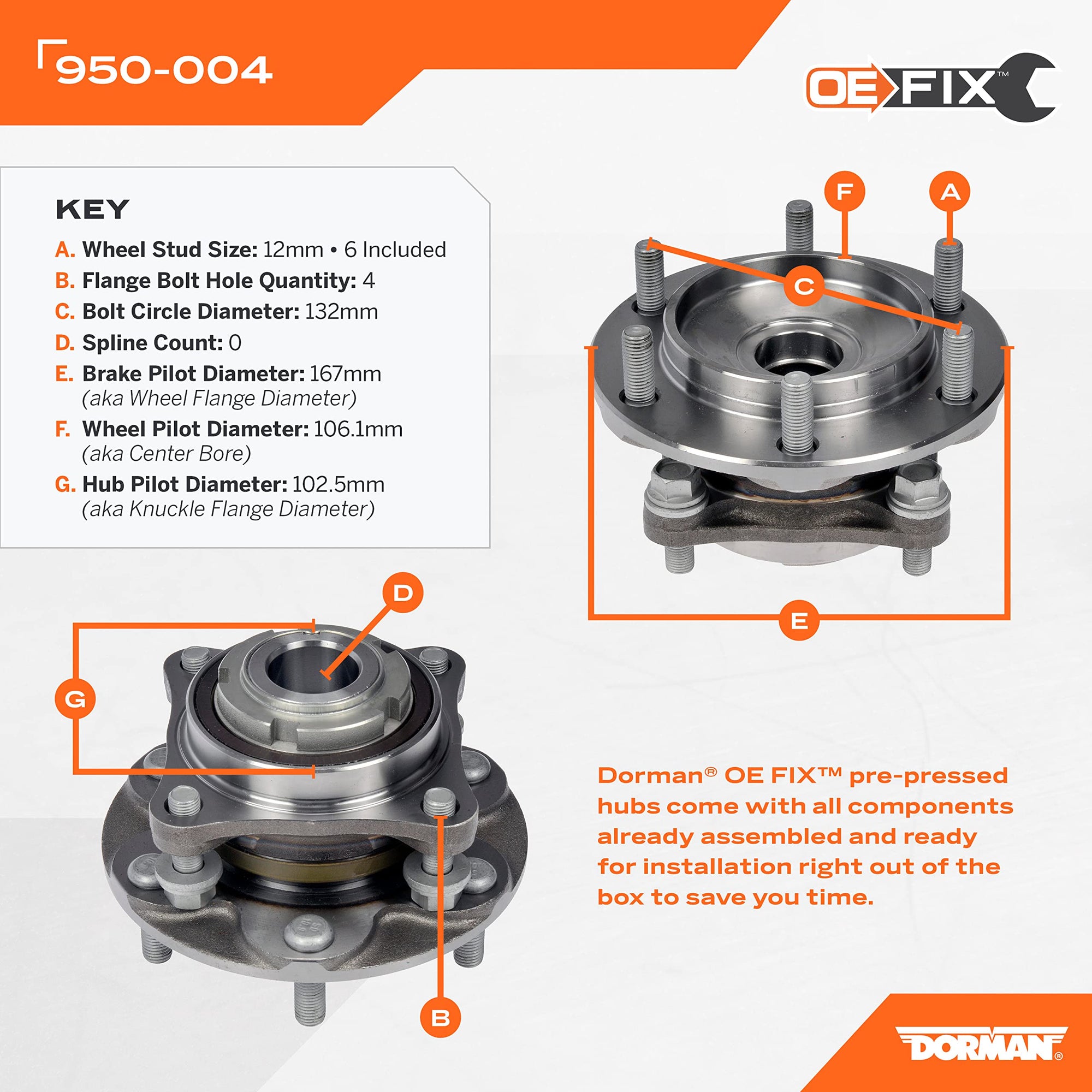 Dorman Pre-Pressed 950-004 Hub Assembly - Front Compatible with Select Toyota Models (OE FIX)