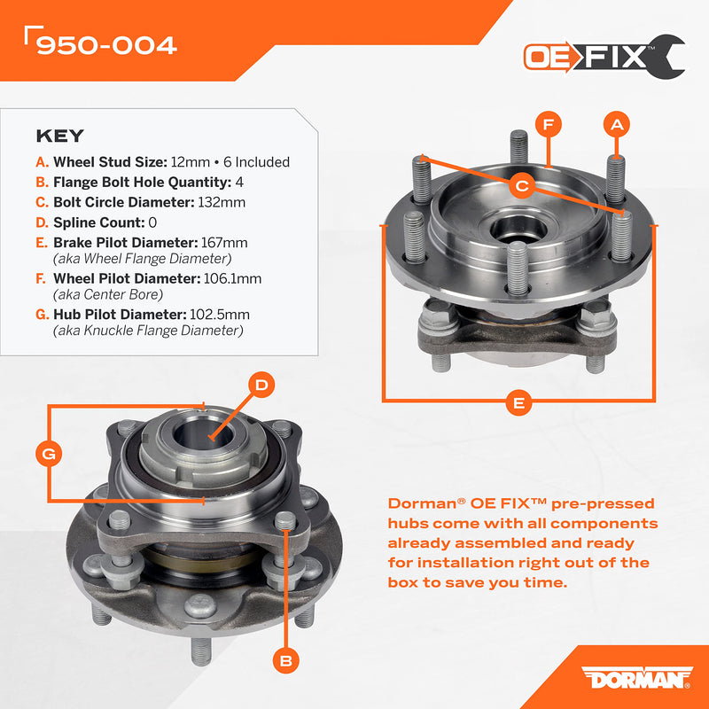 Dorman Pre-Pressed 950-004 Hub Assembly - Front Compatible with Select Toyota Models (OE FIX)