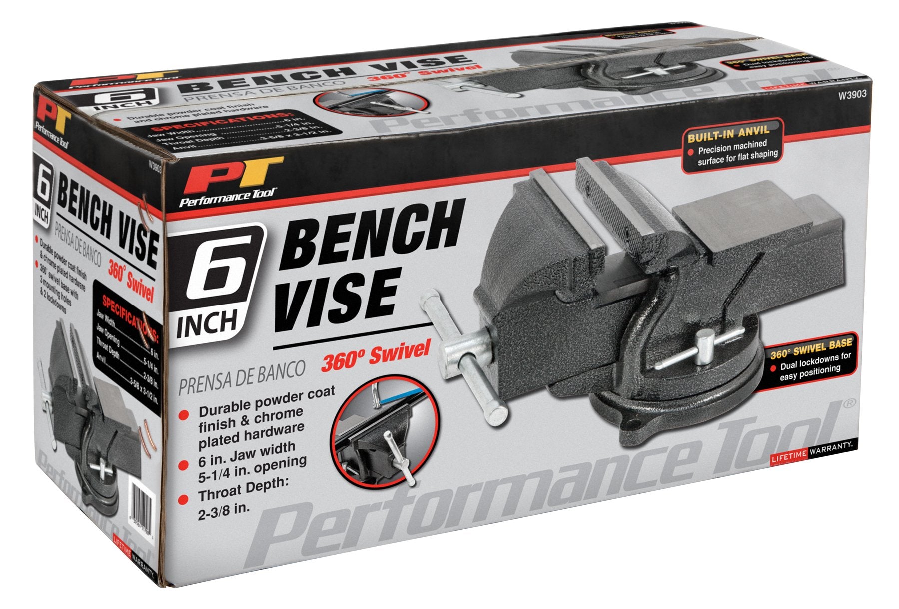 W3903 Performance Tool 360º Swivel Base Bench Vise with Polished Anvil, 5-1/4-Inch Jaw Opening and Durable Powder Coat Finish