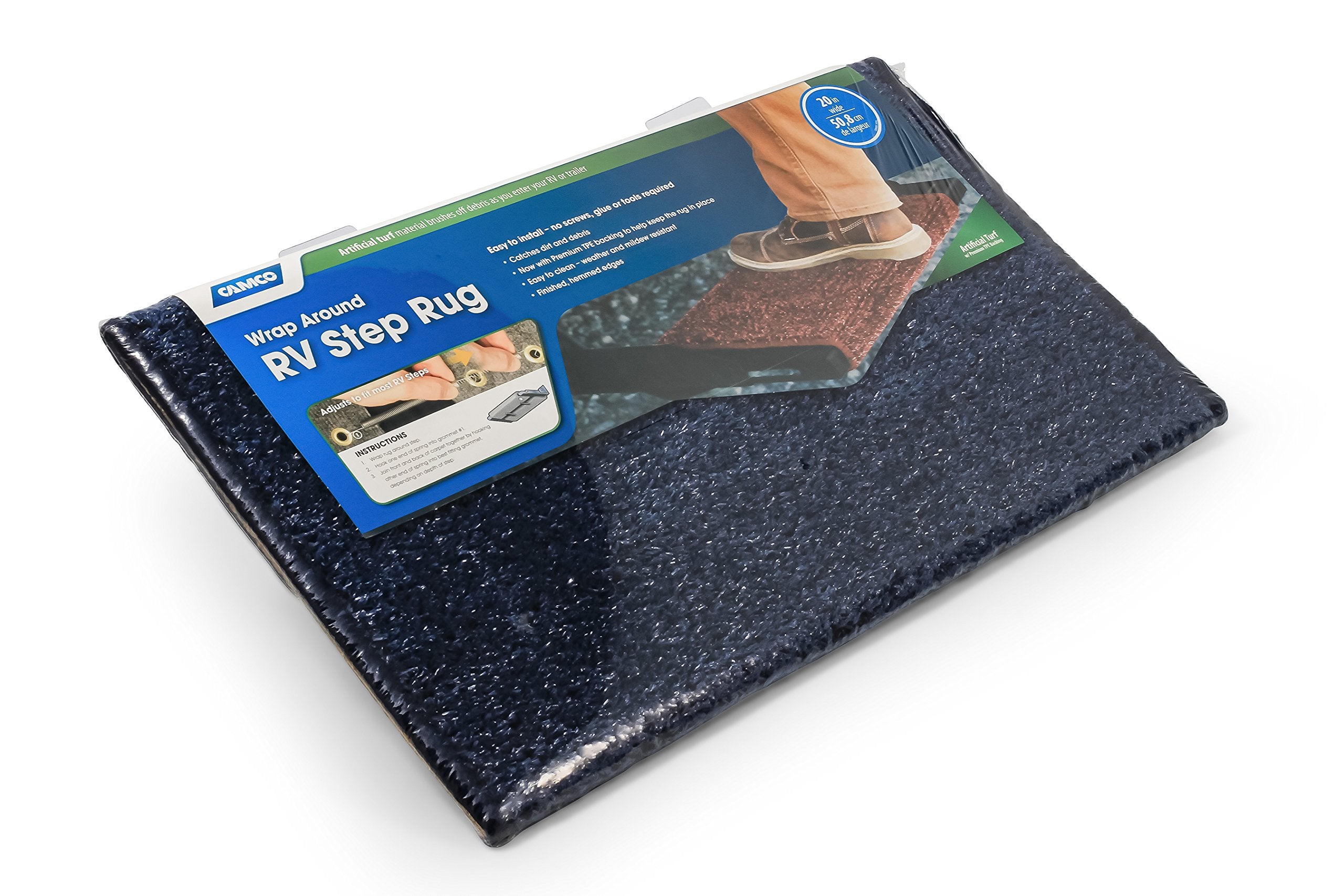 RV Step Camco Rug 42937 (Premium Wrap Around, Turf Material (22" x 20") - Blue)