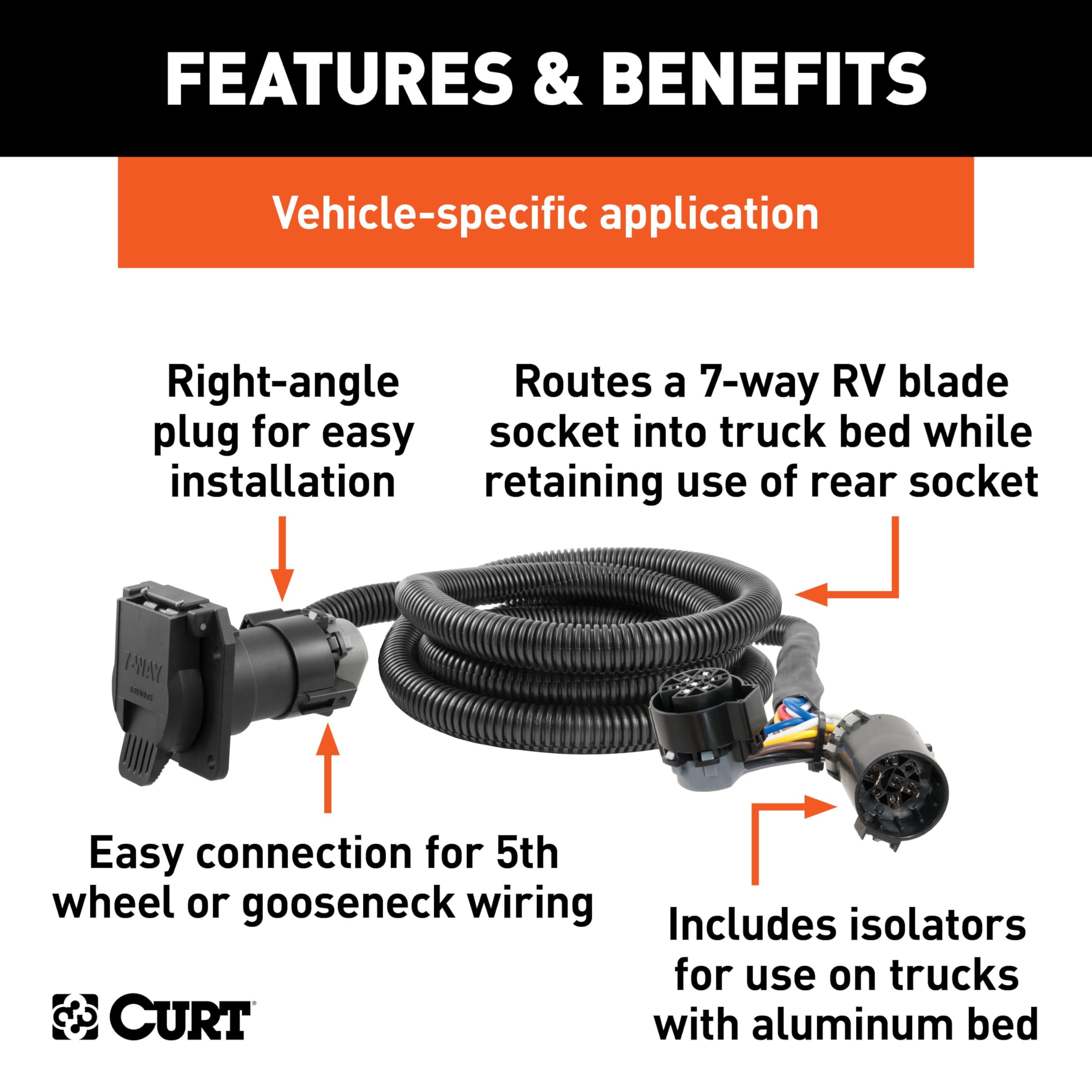 CURT 7-Foot Vehicle-Side Truck Bed 7-Pin Trailer Wiring Harness Extension, Select F-150, F-250, F-350 Super Duty Ford