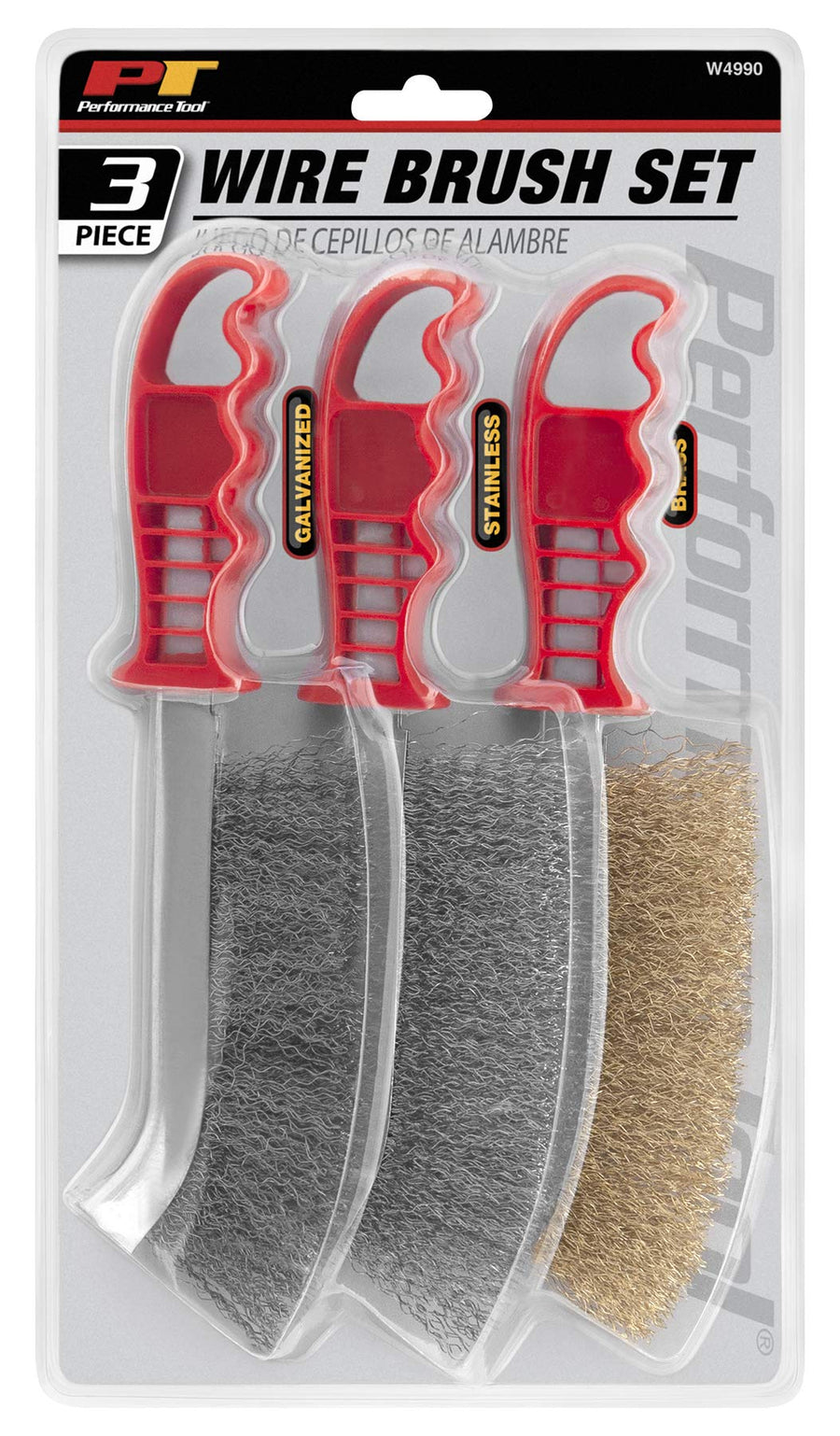 W4990 Performance Tool 3pc Hand Brush Set Stainless Steel, Galvanized and Brass Wire Brush for Cleaning Welding Slag and Rust