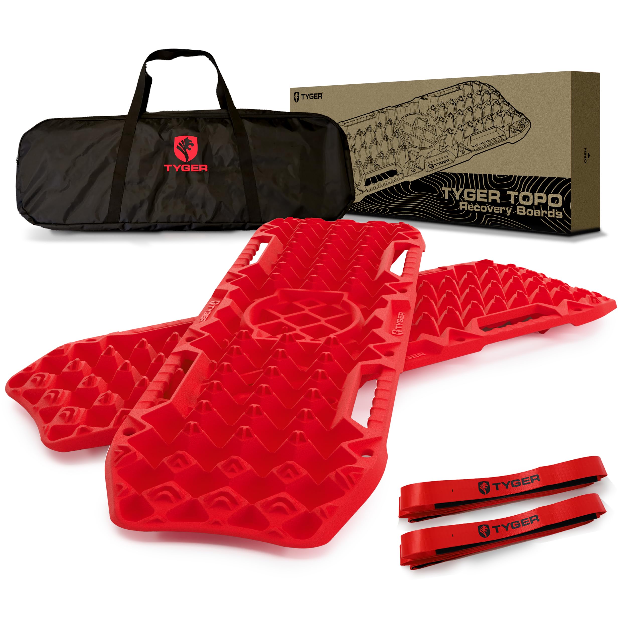 Tyger Auto Off-Road Topo Recovery Boards | Jack Lift Compatible | Extra Wide | Emergency Rescue on Mud, Snow, Sand for Trucks SUV | Tire Wheel Traction Mat Ramp Pads | Pair Set | Red | TG-RD2U22237