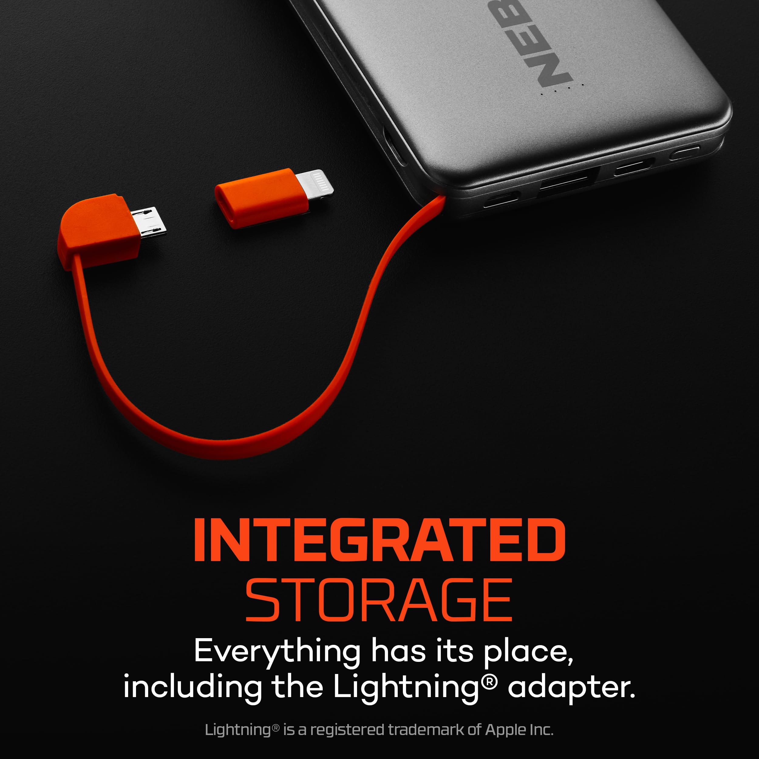 10K NEBO Power Bank with Integrated Cables | 10000mah Power, 37Wh Capacity, Certified Lightning Adapter, 4-Way Output Charging, Compatible with iPhone & Android