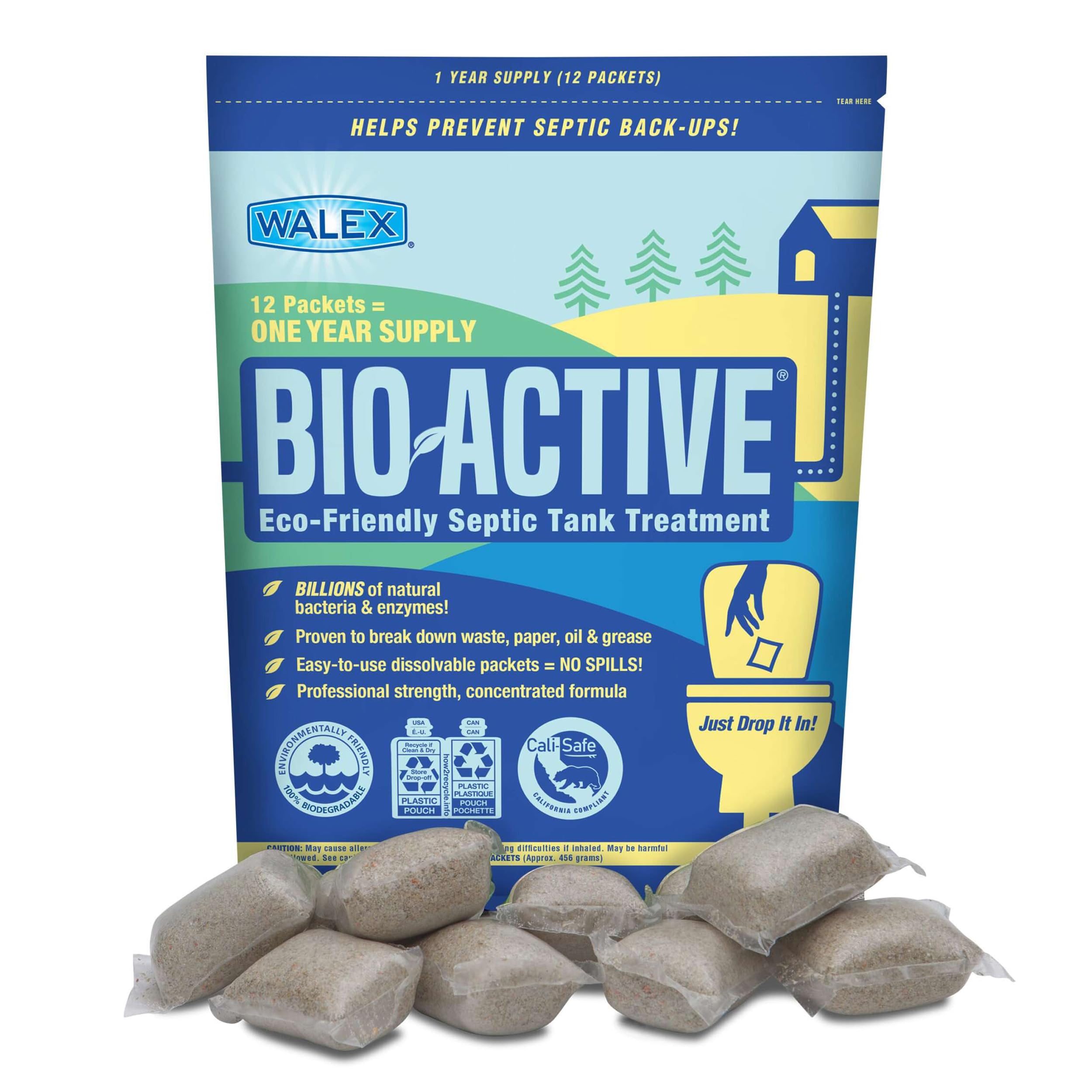 Bio-Active Walex Home Septic Tank Treatment - Strong Digestive Power with Beneficial Bacteria & Enzymes for Liquefying Solids & Breaking Down Waste, Odor Neutralizer -1 Year Supply, 12 Packets