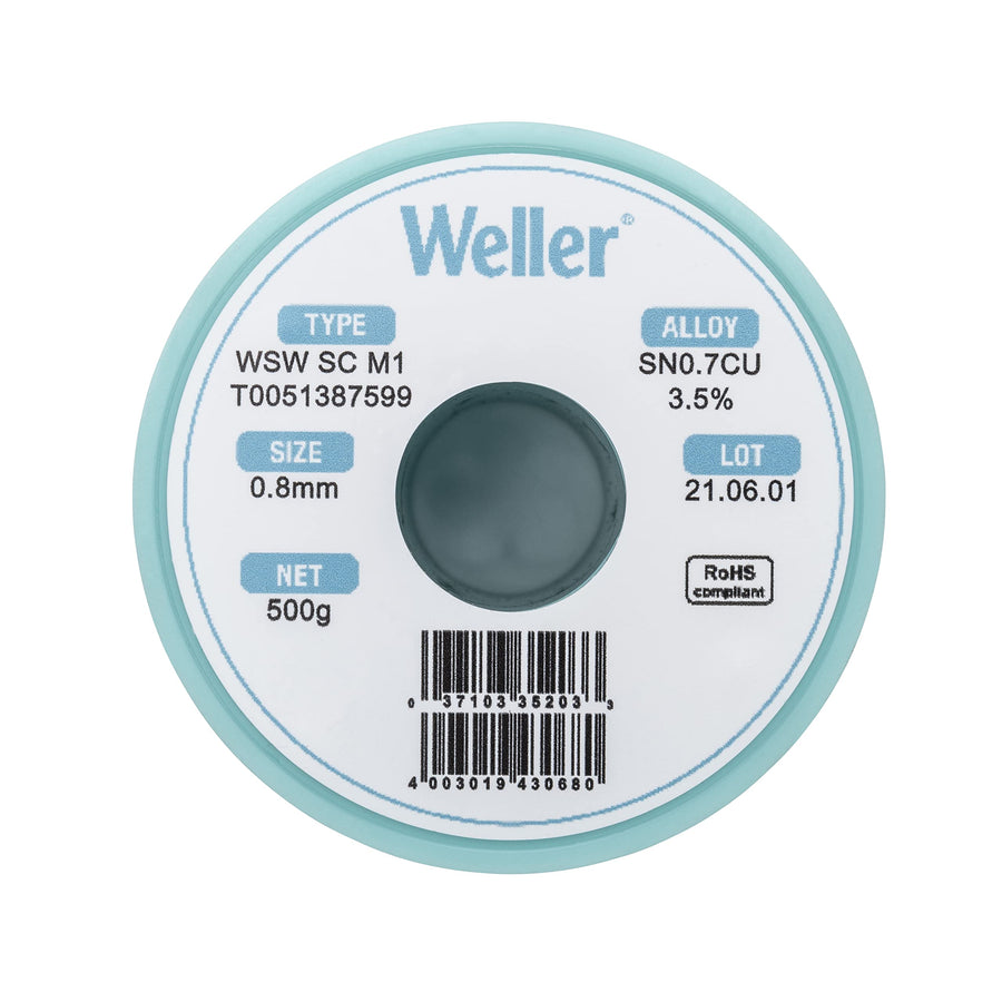 Weller M1 WSW (T0051387599) Lead Free Solder Wire, Dia: 0.8 mm / 0.039 in, Wt: 500 g / 17.637 oz, Alloy Sn99.3Cu0.7, Flux content 3.5%