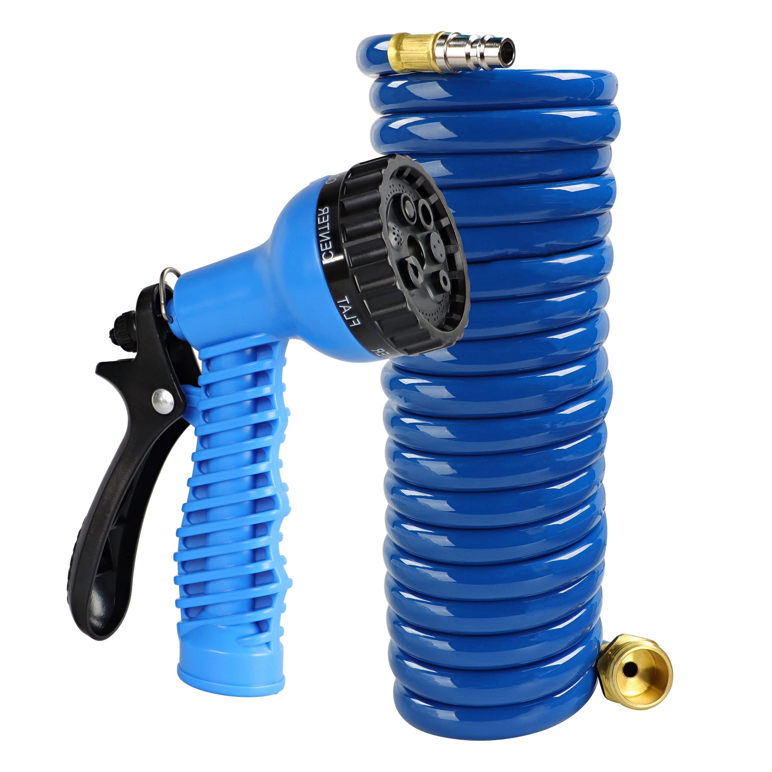 RV Potable Water Hose Set Empire Faucets - 15ft Blue Coil Hose and 7-Function Sprayer - Recoiling Spiral Water Hose