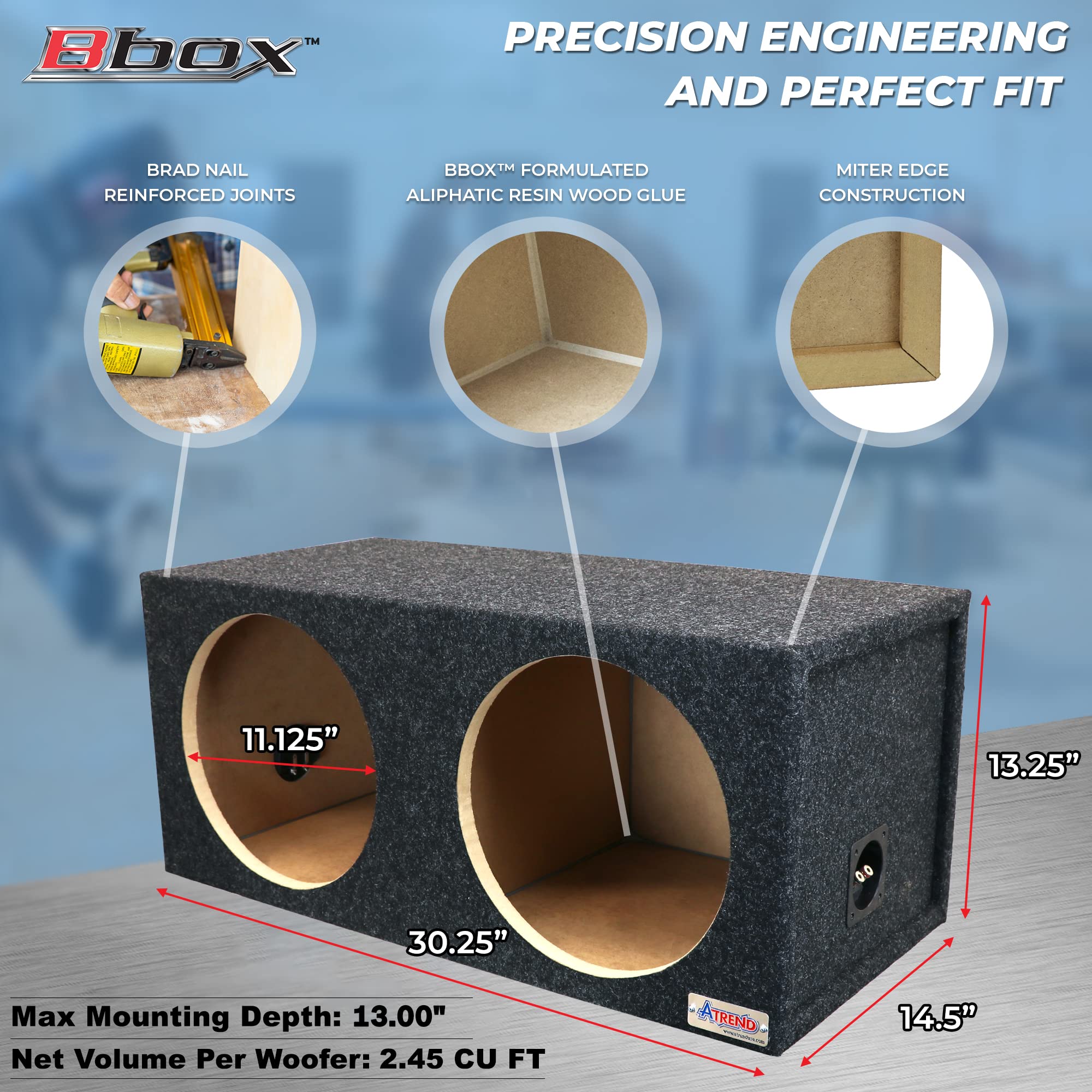 Dual Sealed Bbox 12 Inch Subwoofer Enclosure - SPL Tuned Car Subwoofer Boxes & Enclosures - Premium Subwoofer Box Improves Audio Quality, Sound & Bass - Nickel Finish Subwoofer Terminals - Charcoal