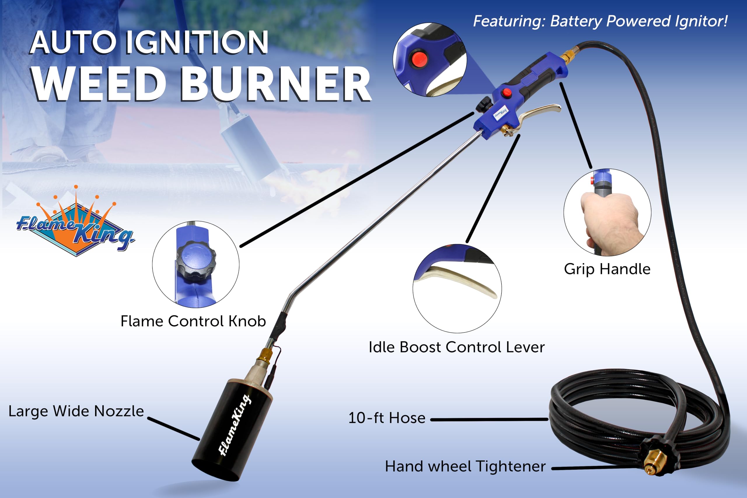 Flame King Heavy Duty Propane Torch Kit Weed Burner, 340,000 BTU with Battery Operated Igniter (Self Igniting), with 10-Ft Hose Regulator Assembly