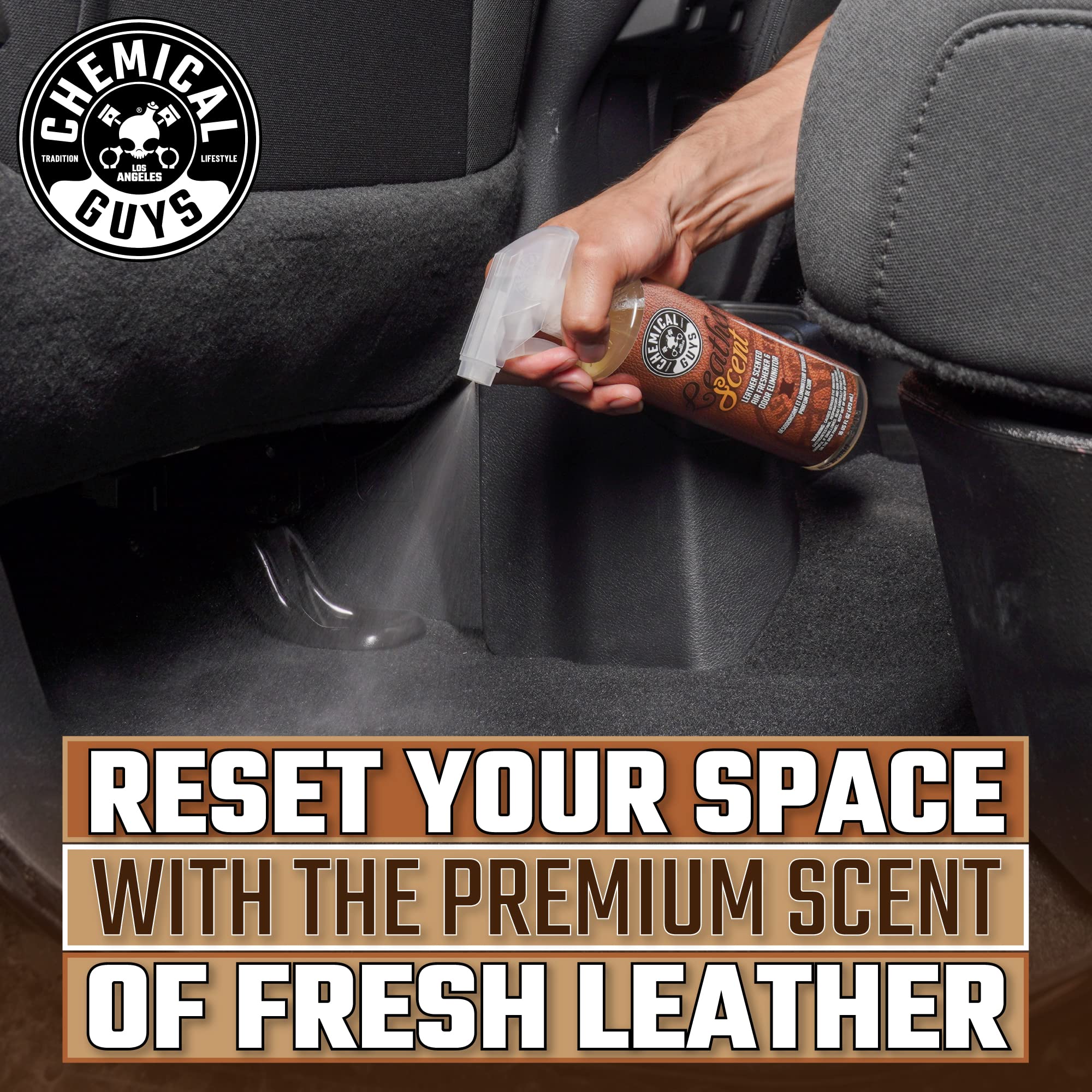 Leather Scent Chemical Guys Premium Air Freshener & Odor Eliminator – Car Air Freshener Leather Scent– Eliminates Odors and Refreshes Cars, Trucks, SUVs and RVs, 16 oz