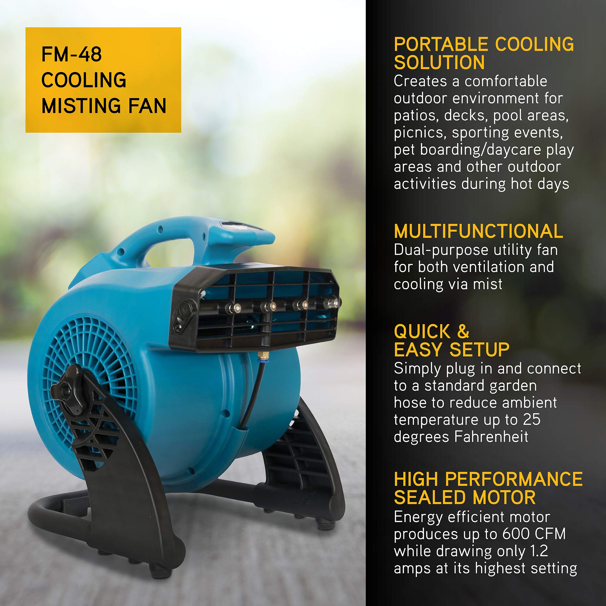 XPOWER FM-48 Misting Fan, Outdoor Cooling, Heavy Duty, Powerful, High Velocity, 3-Speed, Ideal for Camping, Patios, Picnics, & More