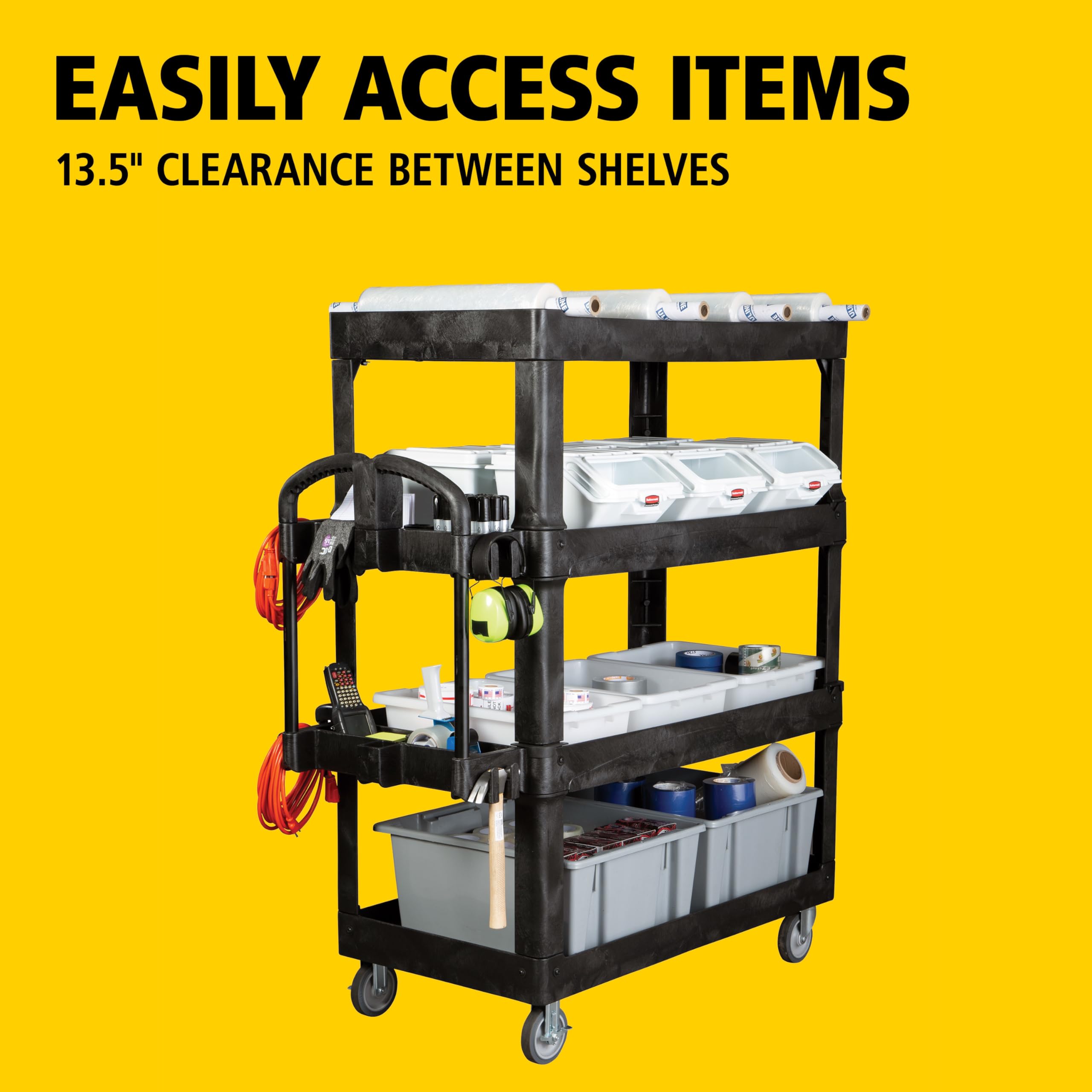 Rubbermaid Commercial Products 4-Shelf Quad Utility/Service Cart, Heavy Duty Large, Lipped Shelf, Ergonomic Handle, 700 lbs. Capacity, for Warehouse/Garage/Cleaning/Manufacturing (2128657) Black