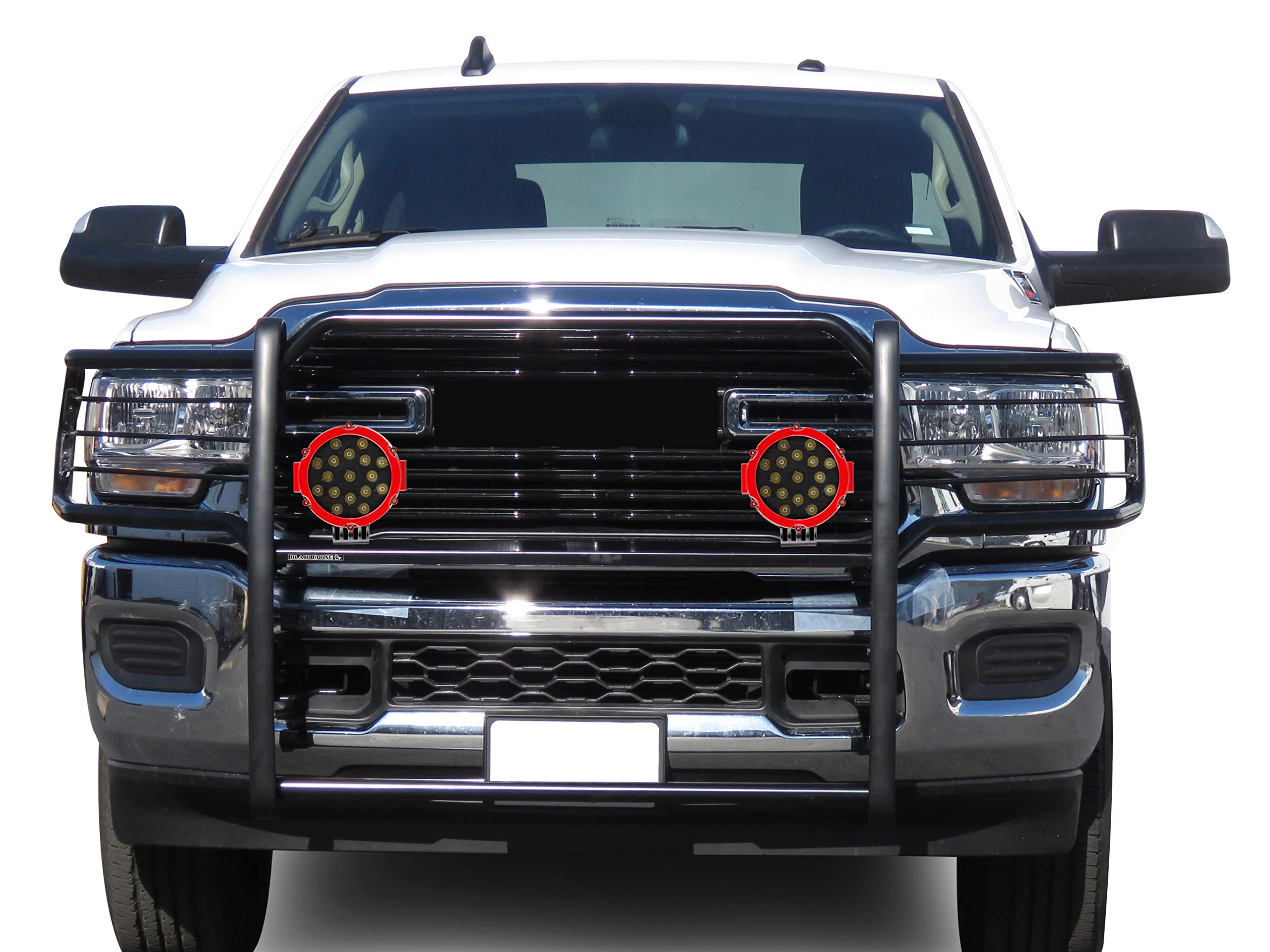 Bumper Guard Modular Black Black Horse Grille Brush Come with Pair of 7.0" Dia.LED Lights with Red Trim Rings Compatible with 2019-2024 Ram 2500|2019-2024 Ram 3500-17DG113MA-PLR