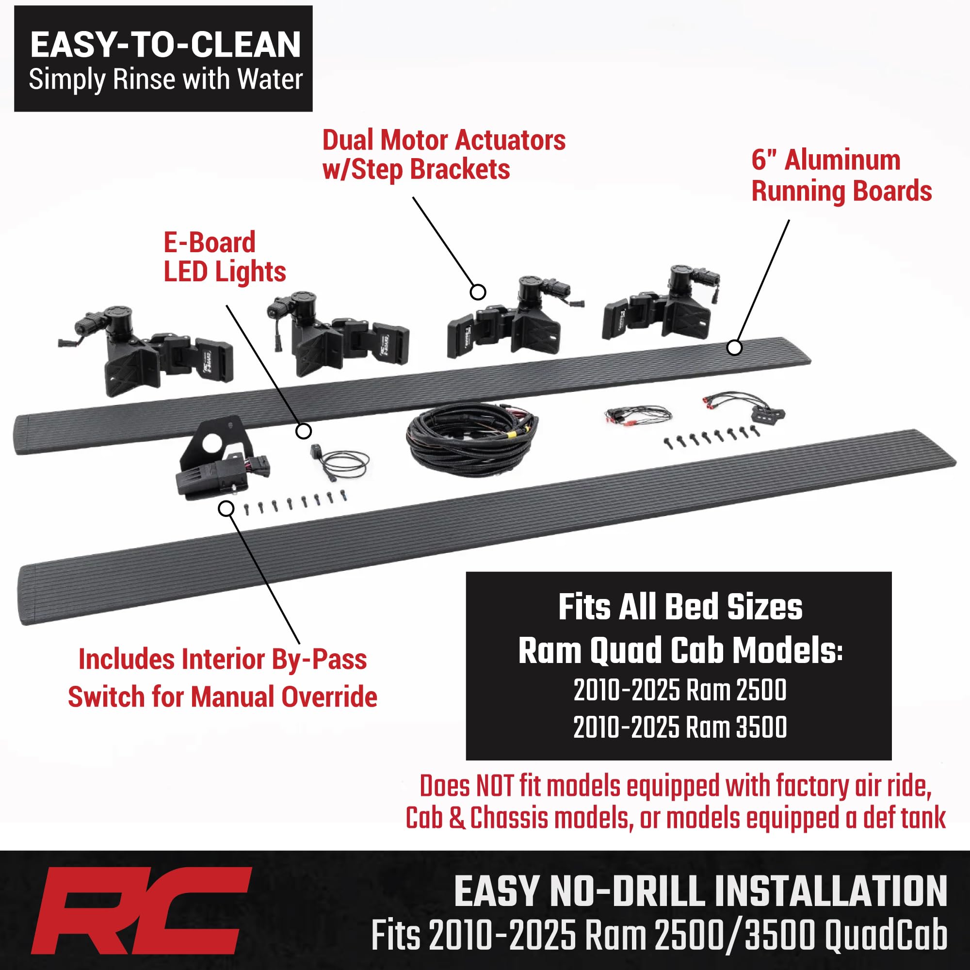 Rough Country Power Running Boards with LED Step Lights for Quad Cab Ram 2500/3500 (2010-2025) - Retractable Electric Side Steps, Non-Slip Aluminum Design