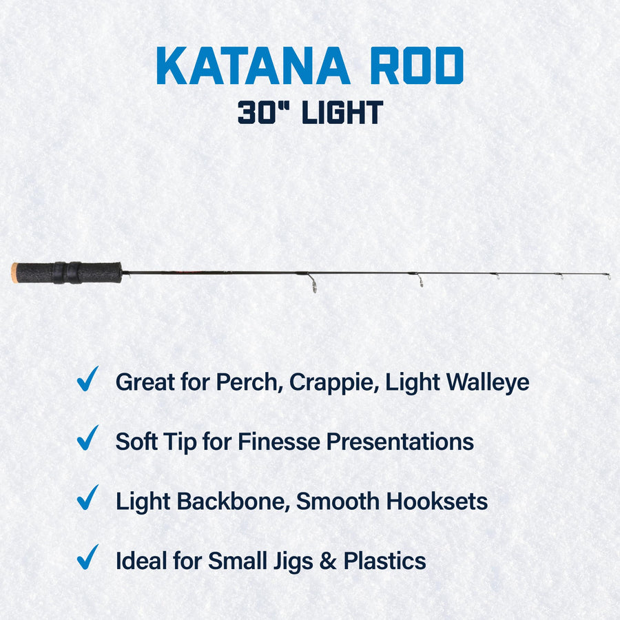 30” Katana Light Ice Fishing Rod – 30T Solid Graphite Rod with Tsuka Lightweight Handle, Oversized Fly Guides & Carbon Blank – Ultra-Sensitive Ice Rod for Panfish, Perch & Finesse Jigging