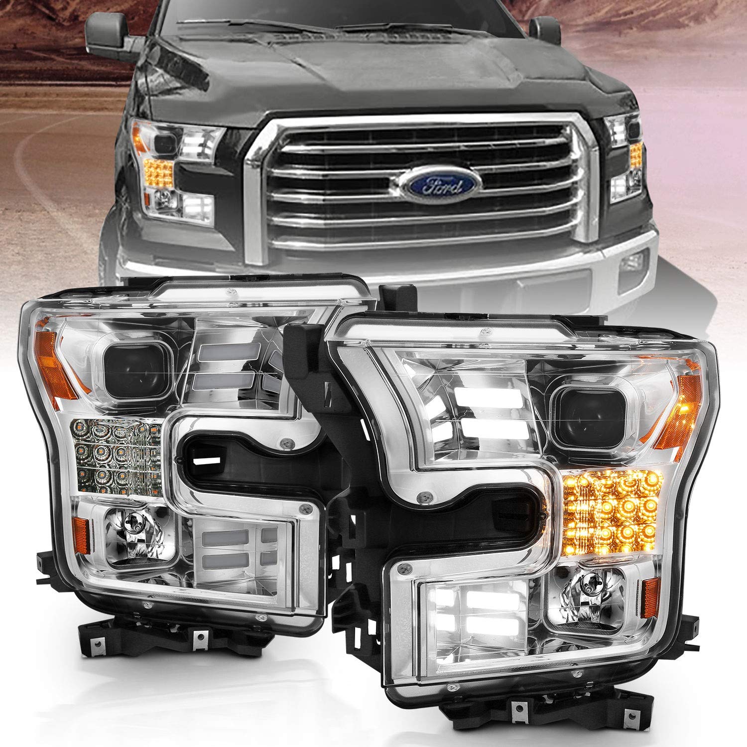 Projector Headlight Set Anzo USA 111409 w/Plank Style Design Chrome w/Amber Sequential Turn Signal