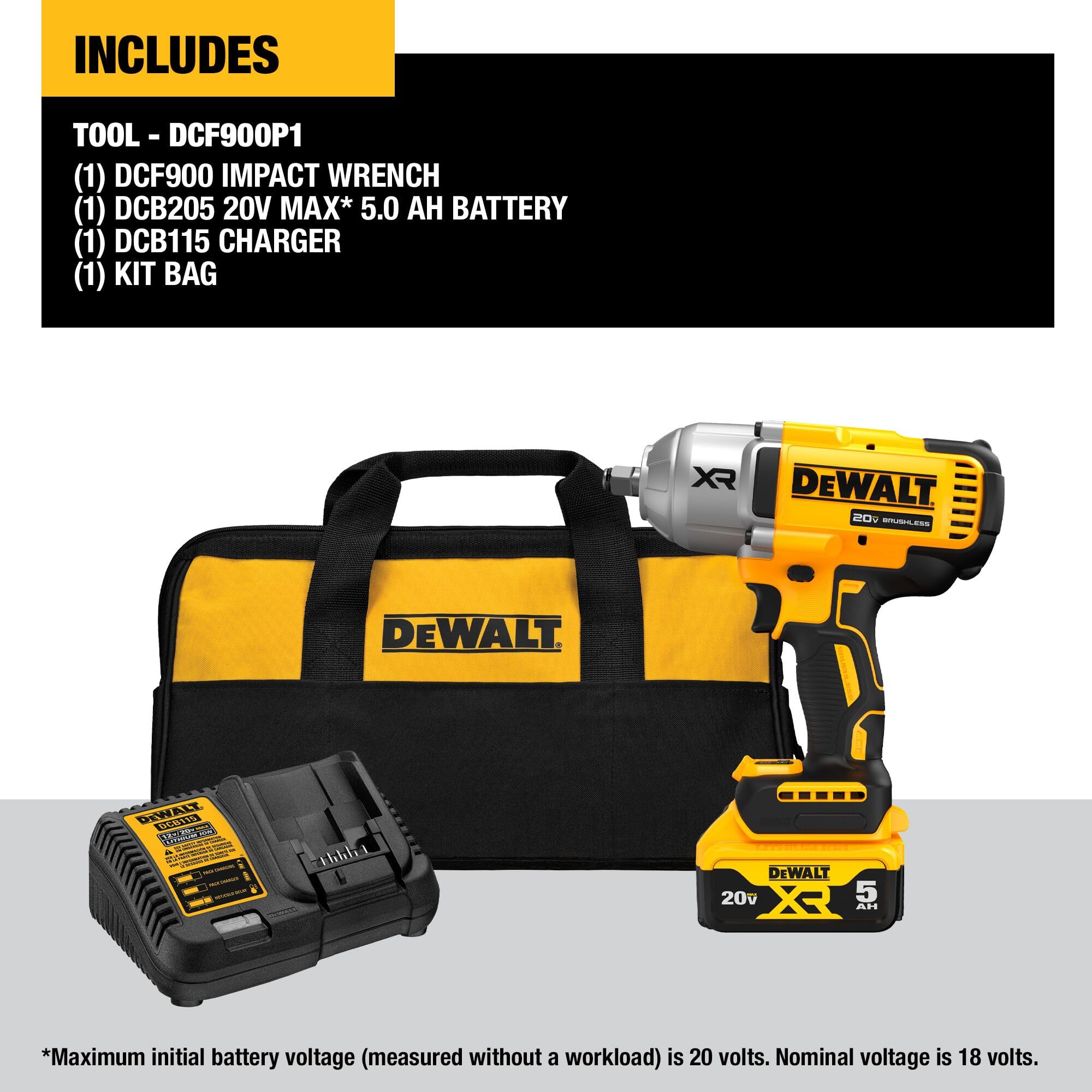 DEWALT Cordless 20V MAX Impact Wrench with Hog Ring Anvil, Brushless High Torque 1/2 Impact Gun, 4-Mode Speed, Includes Battery, Charger and Kit Bag (DCF900P1)