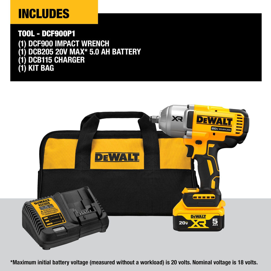 DEWALT Cordless 20V MAX Impact Wrench with Hog Ring Anvil, Brushless High Torque 1/2 Impact Gun, 4-Mode Speed, Includes Battery, Charger and Kit Bag (DCF900P1)