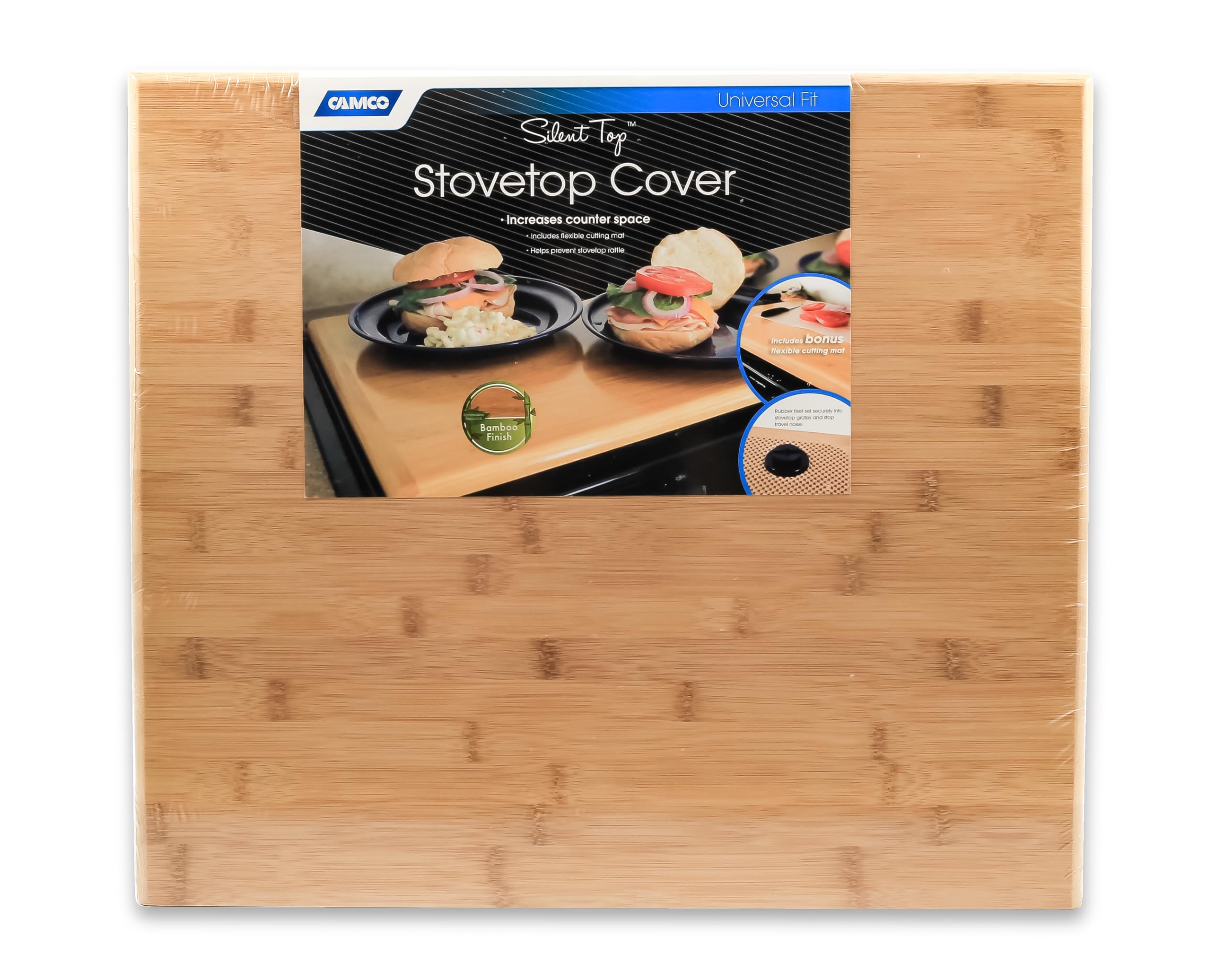 Camco RV Stovetop Cover Silent Top - Features Natural Bamboo Design w/Non-Toxic Protective Finish & 4 Non-Slip Rubber Feet - Fits Most 3 or 4 Burner RV Stoves - Measures 19.5” x 17” x .75” (43571)