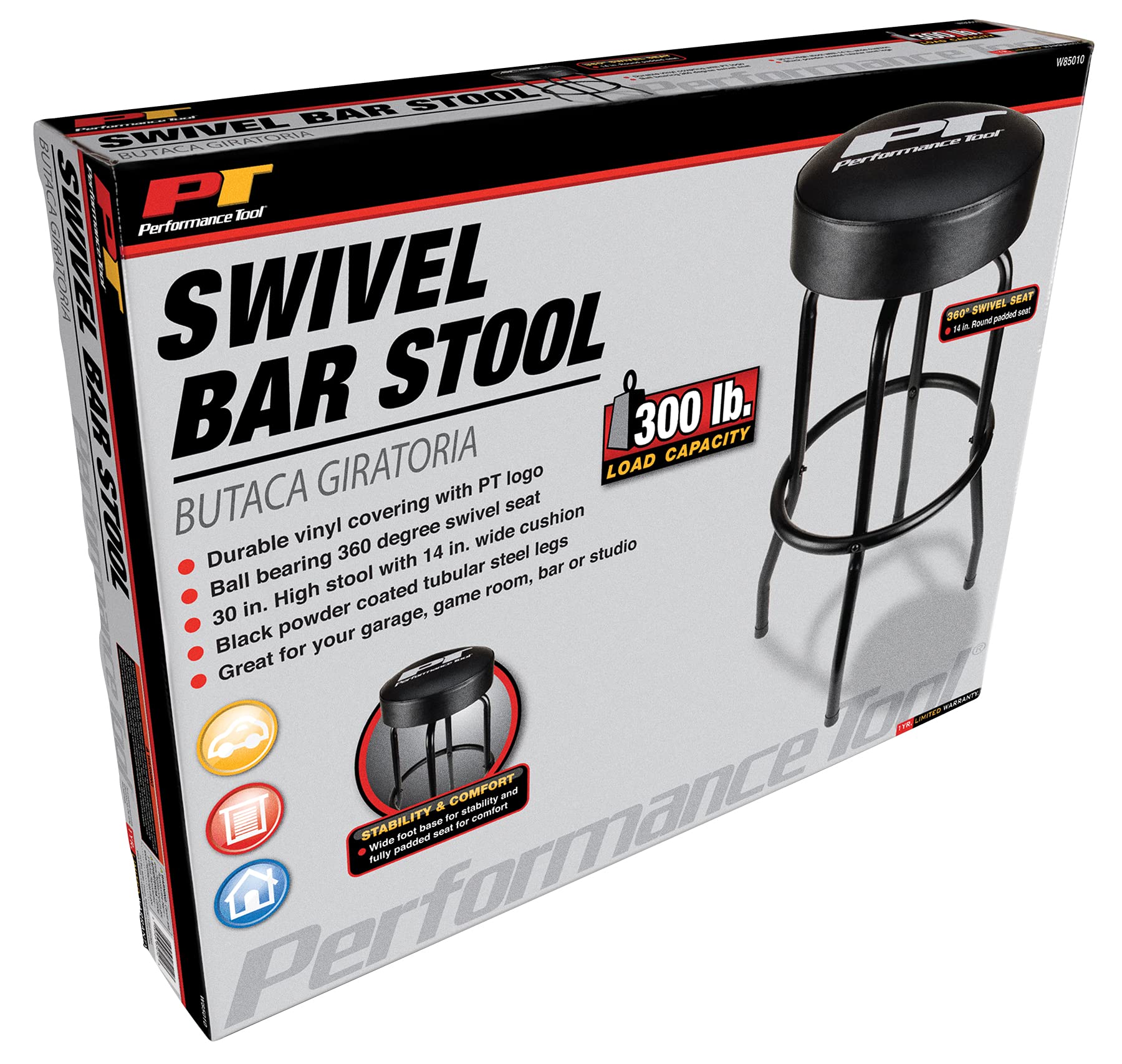 W85010 Performance Tool Swivel Seat Bar Stool for Mechanic Garages and Workshops, Black, 0.6x9.8x5.8-Inches